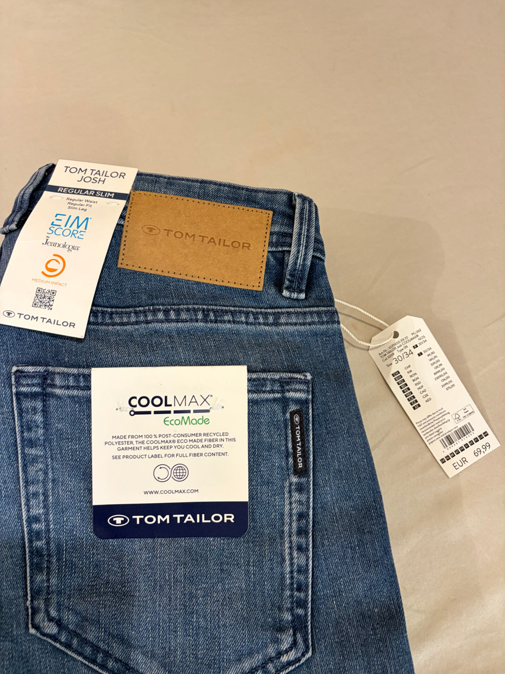 Jean Tom Tailor Josh Regular Slim Coolmax EcoMade Homme Bleu – Neuf avec étiquettes – Taille 30/34