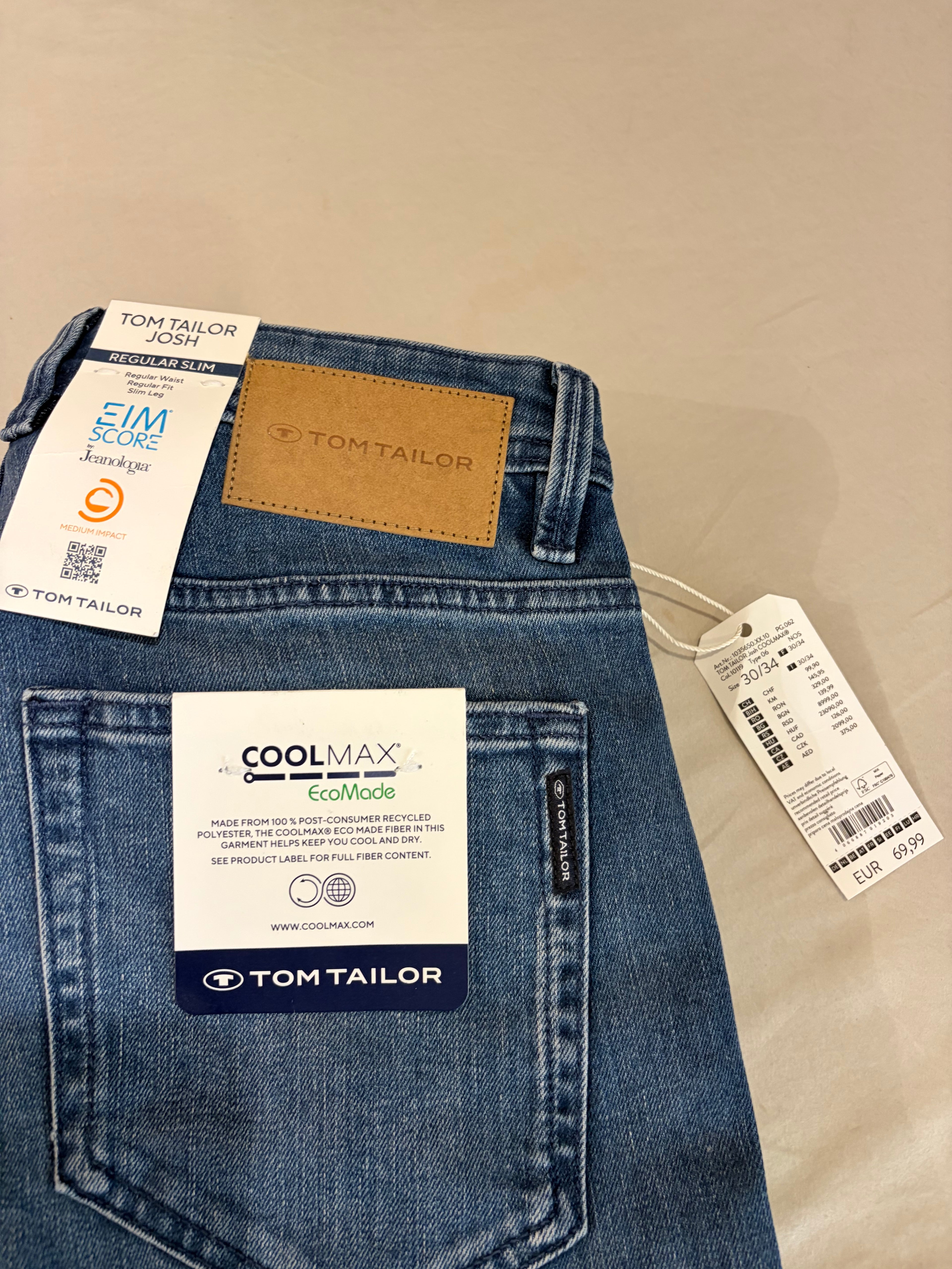 Jean Tom Tailor Josh Regular Slim Coolmax EcoMade Homme Bleu – Neuf avec étiquettes – Taille 30/34