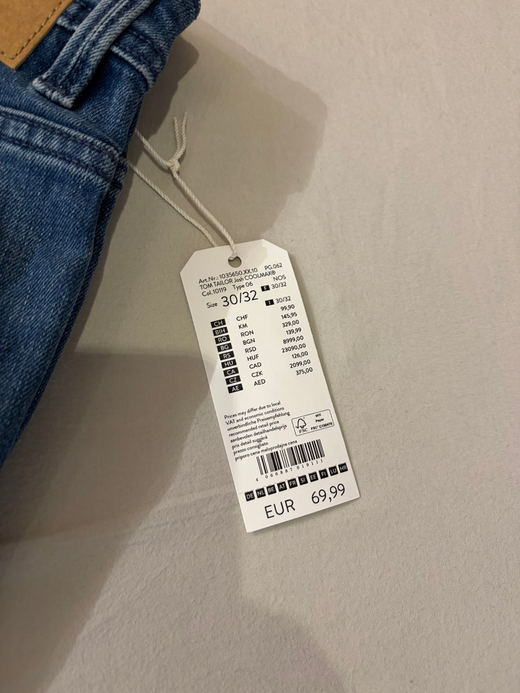 Jean Tom Tailor Josh Regular Slim Coolmax EcoMade Homme Bleu – Neuf avec étiquettes – Taille 30/32