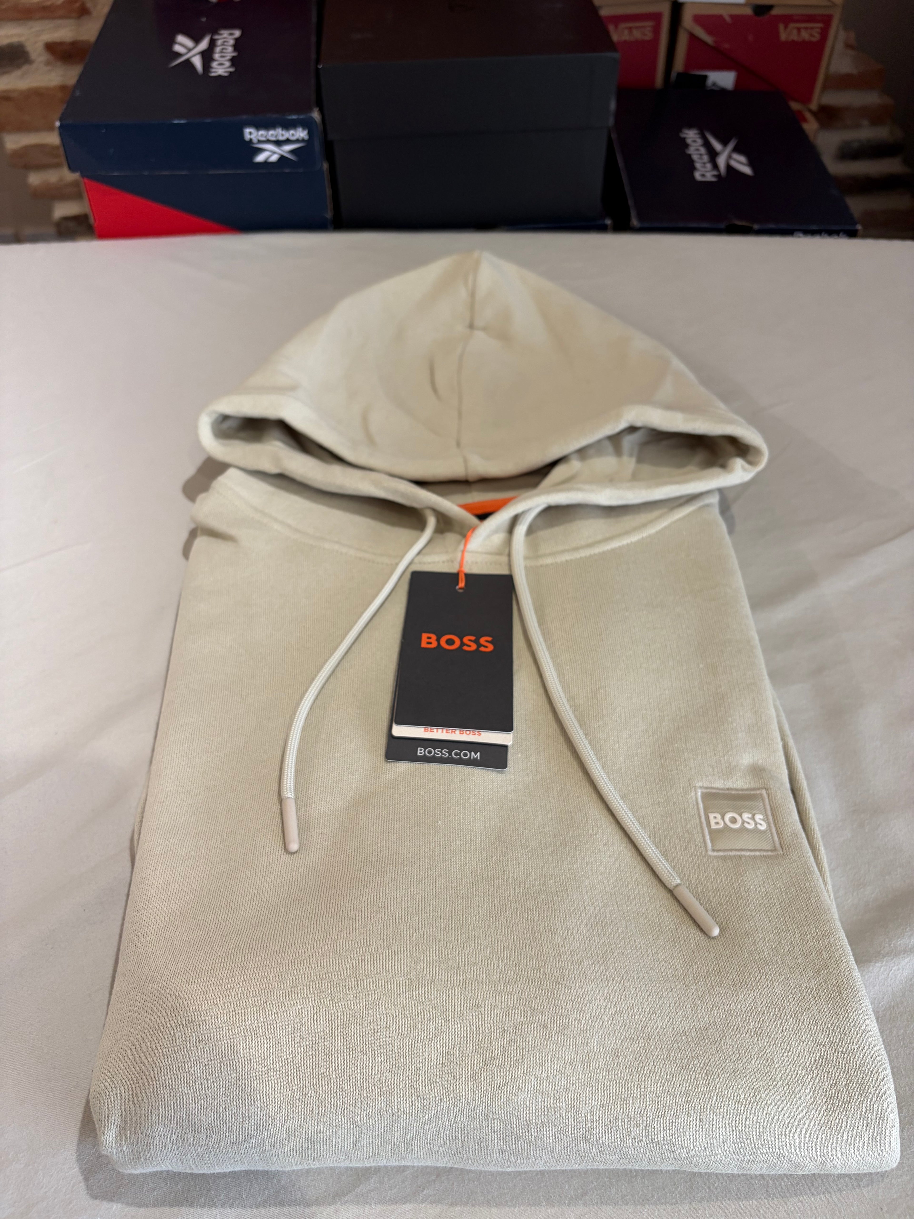 BOSS Sweat à capuche homme beige clair logo patch – Taille XL – Neuf avec étiquette