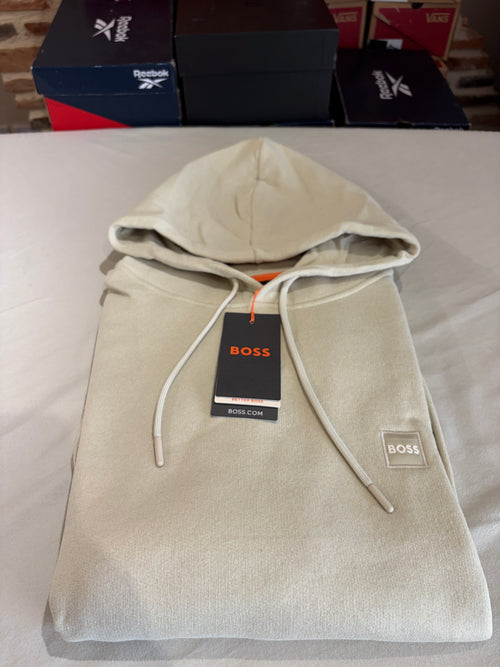 BOSS Sweat à capuche homme beige clair logo patch – Taille XL – Neuf avec étiquette