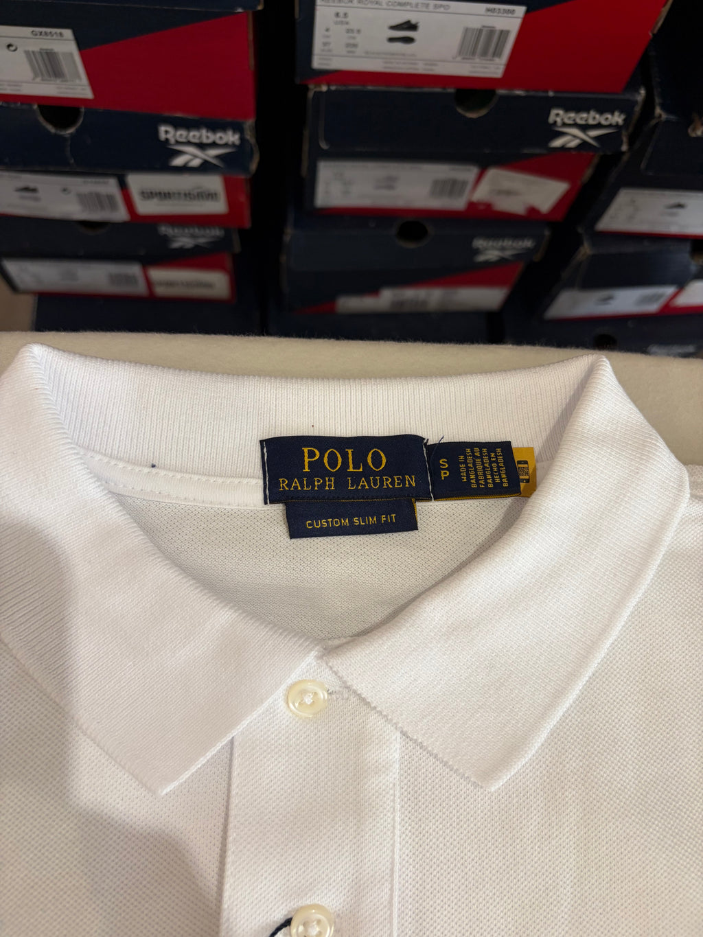 Polo Ralph Lauren Custom Slim Fit Blanc Logo Bleu Marine Homme Taille S – Neuf avec étiquette