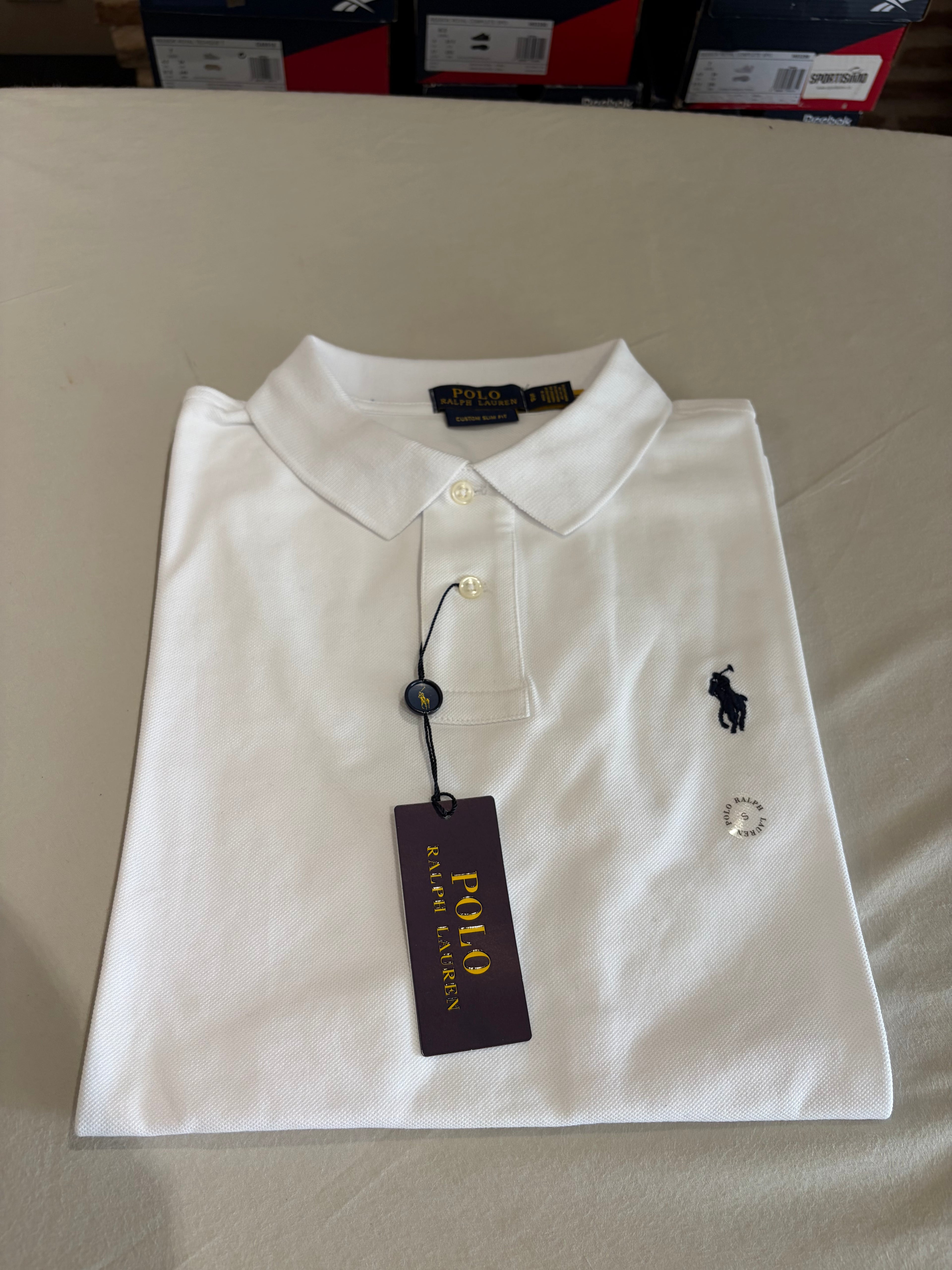 Polo Ralph Lauren Custom Slim Fit Blanc Logo Bleu Marine Homme Taille S – Neuf avec étiquette