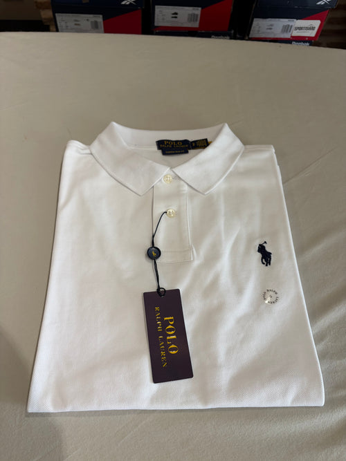 Polo Ralph Lauren Custom Slim Fit Blanc Logo Bleu Marine Homme Taille S – Neuf avec étiquette