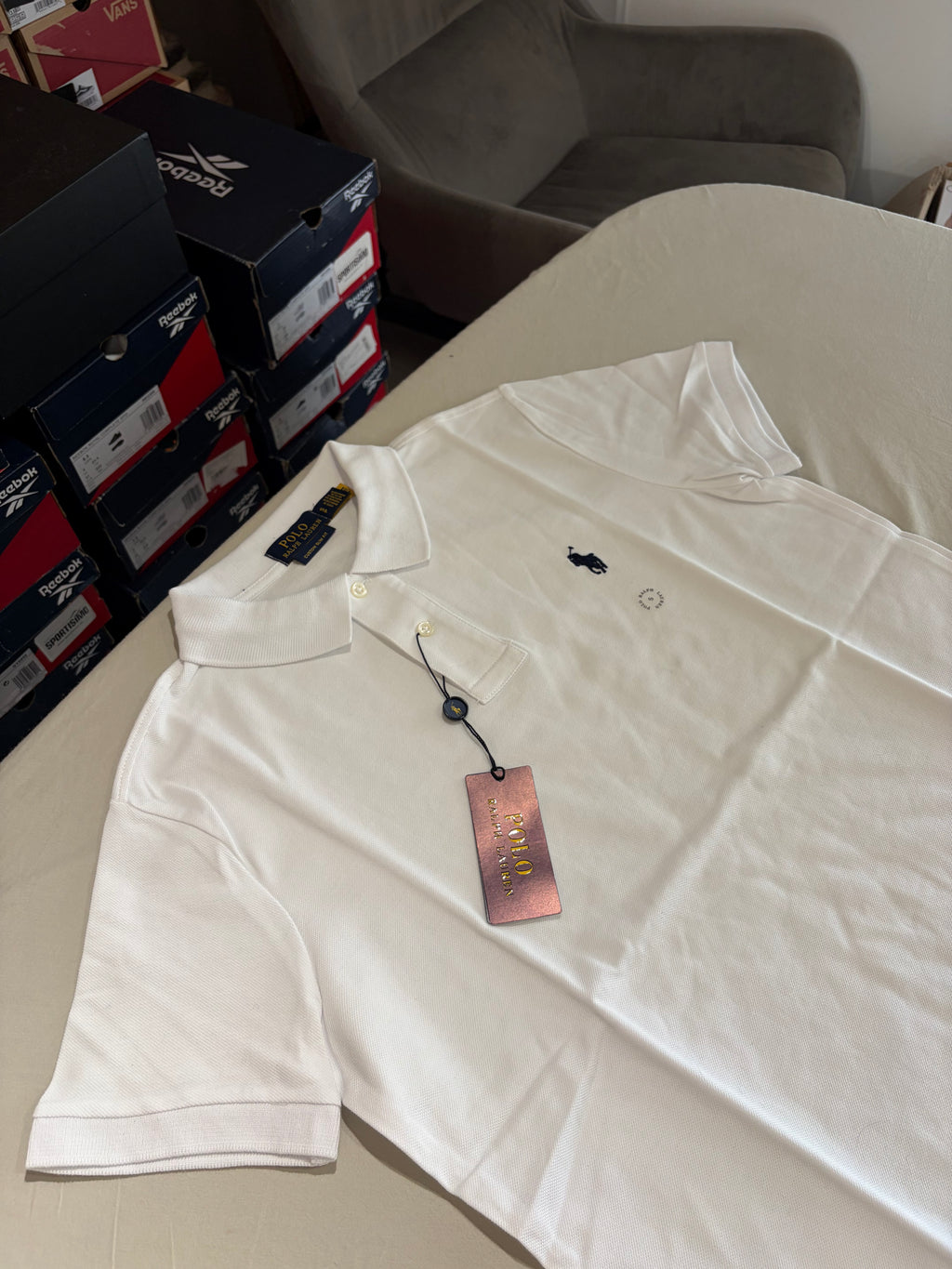 Polo Ralph Lauren Custom Slim Fit Blanc Logo Bleu Marine Homme Taille S – Neuf avec étiquette