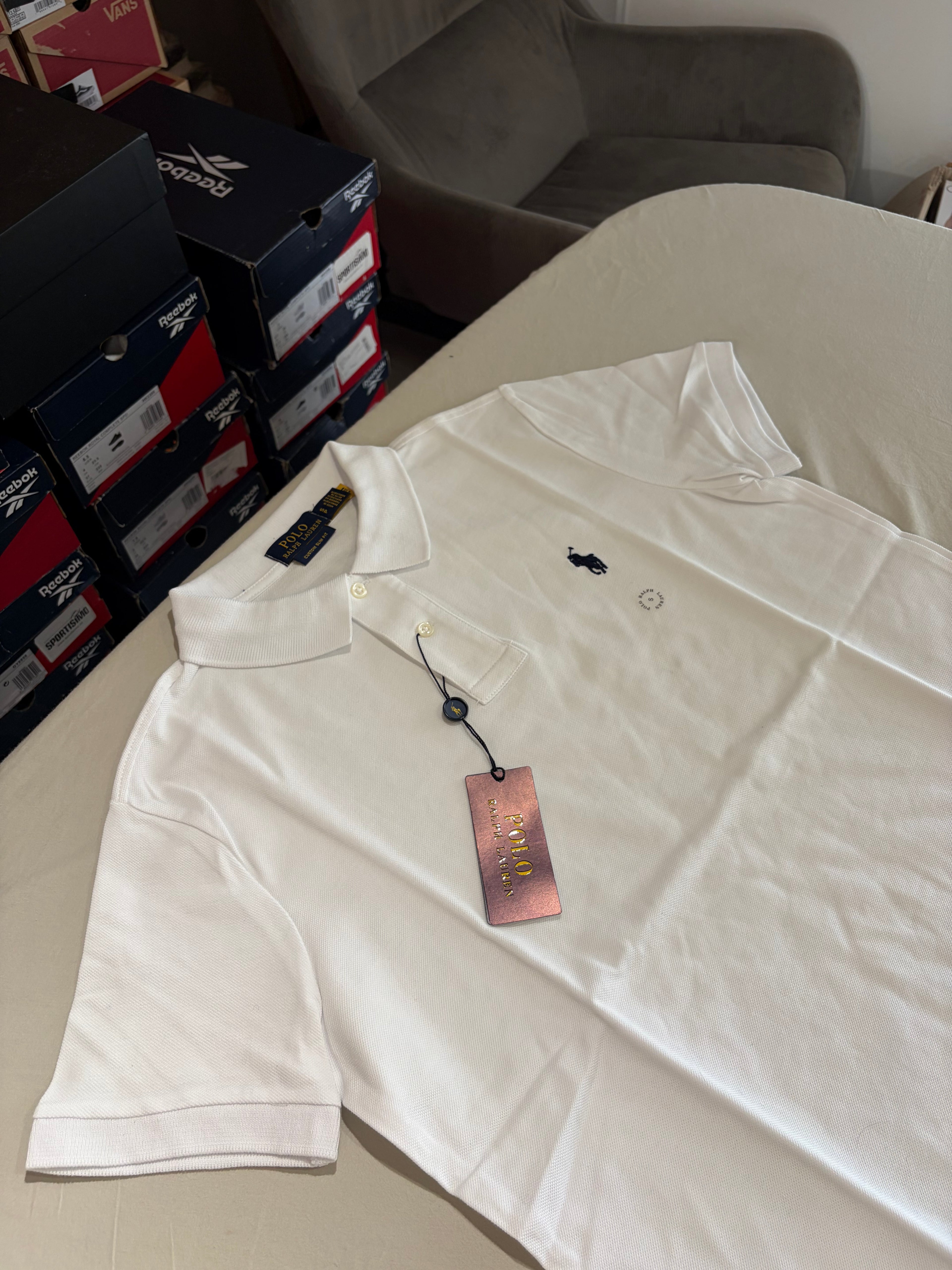 Polo Ralph Lauren Custom Slim Fit Blanc Logo Bleu Marine Homme Taille S – Neuf avec étiquette