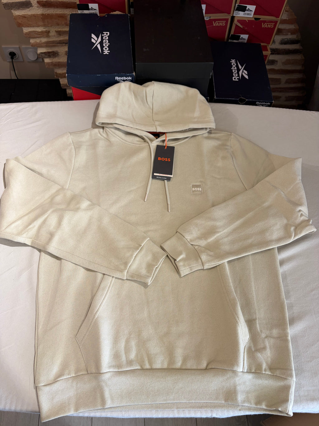 BOSS Sweat à capuche homme beige clair logo patch – Taille XL – Neuf avec étiquette