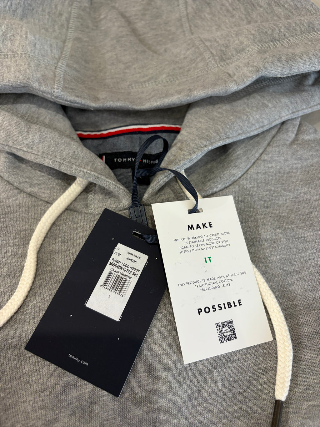 Sweat à capuche Tommy Hilfiger Homme Gris Chiné Cloud Heather Taille L - Tommy Logo Hoody - Neuf