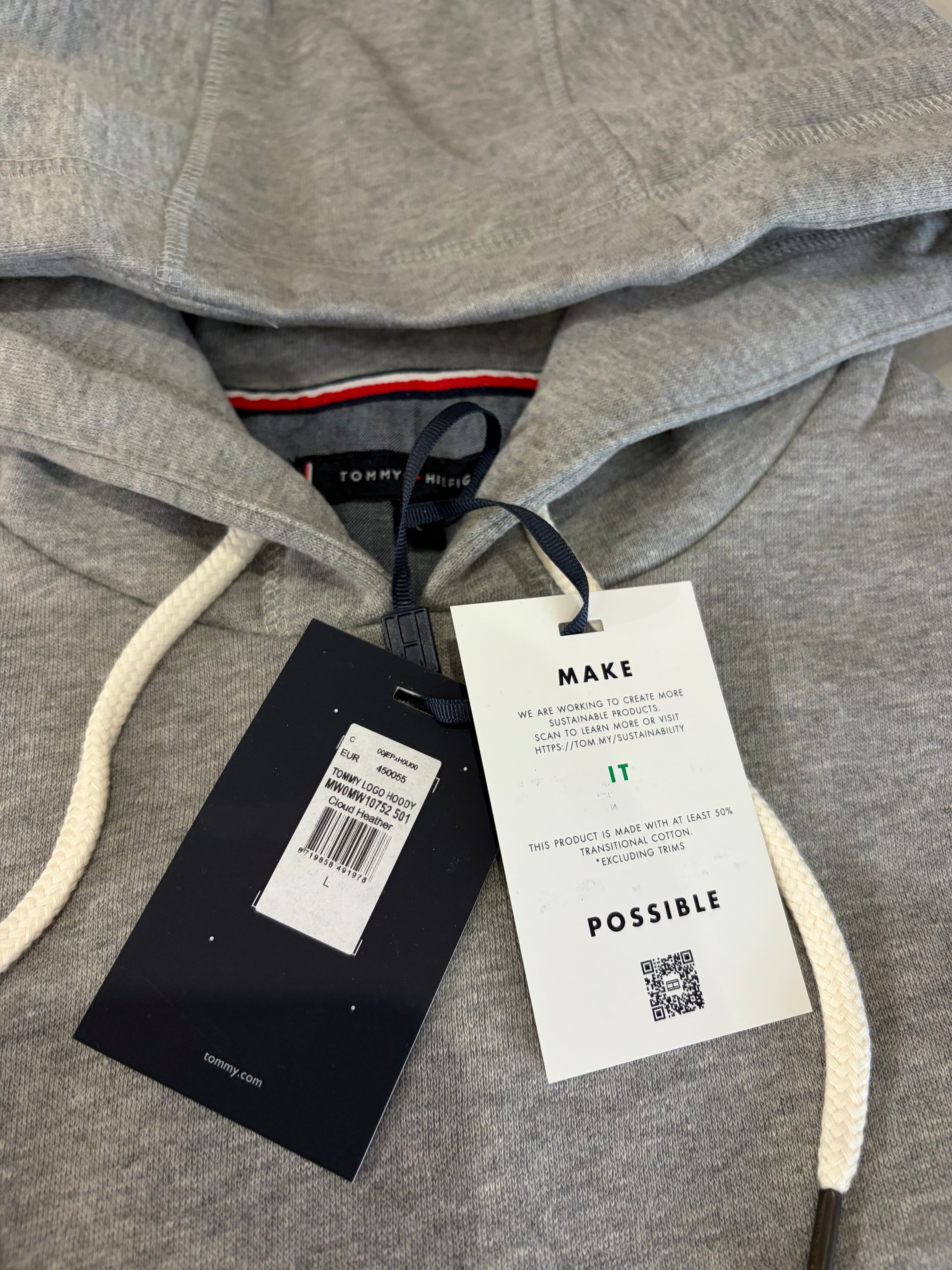 Sweat à capuche Tommy Hilfiger Homme Gris Chiné Cloud Heather Taille L - Tommy Logo Hoody - Neuf