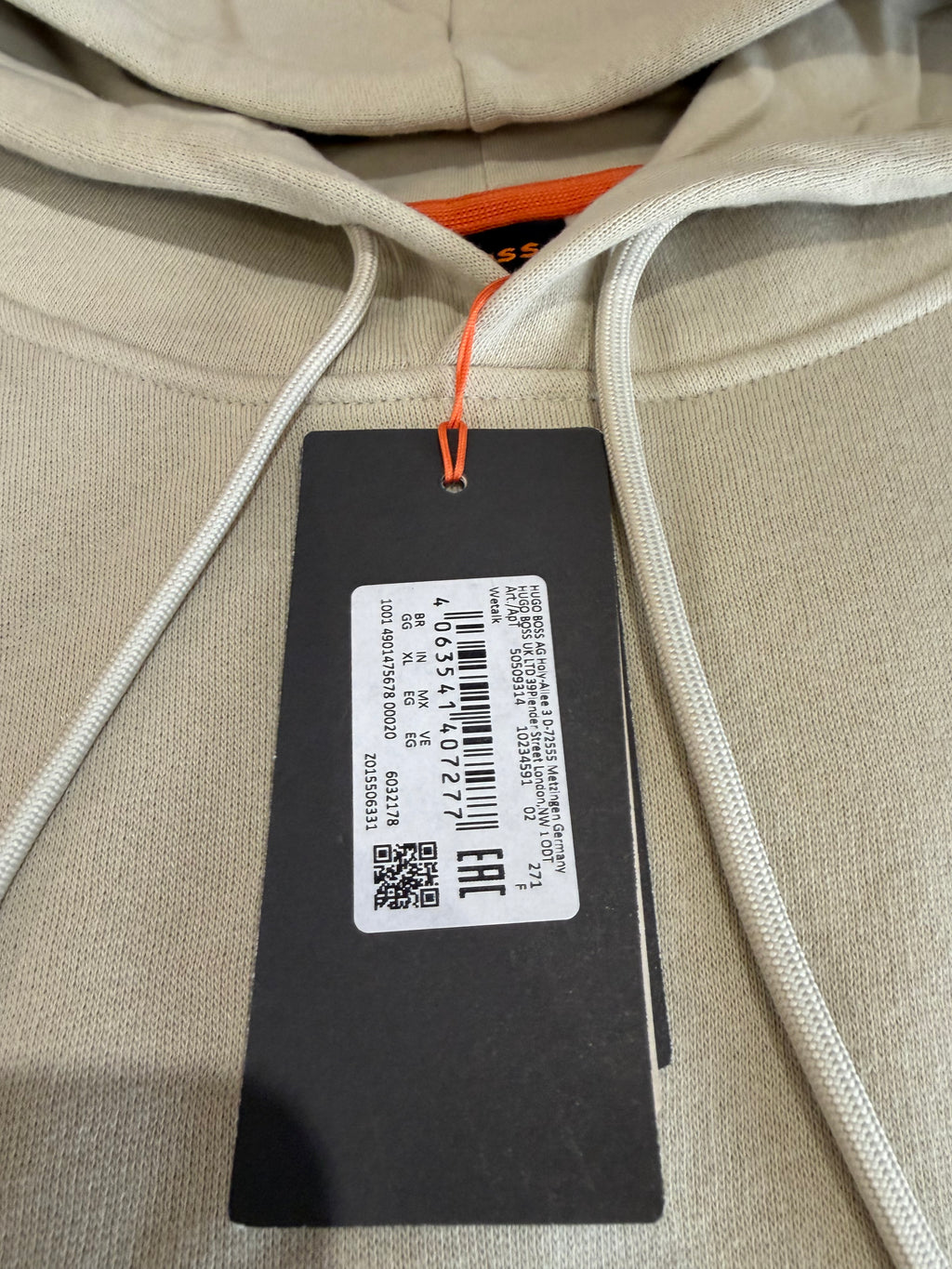 BOSS Sweat à capuche homme beige clair logo patch – Taille XL – Neuf avec étiquette