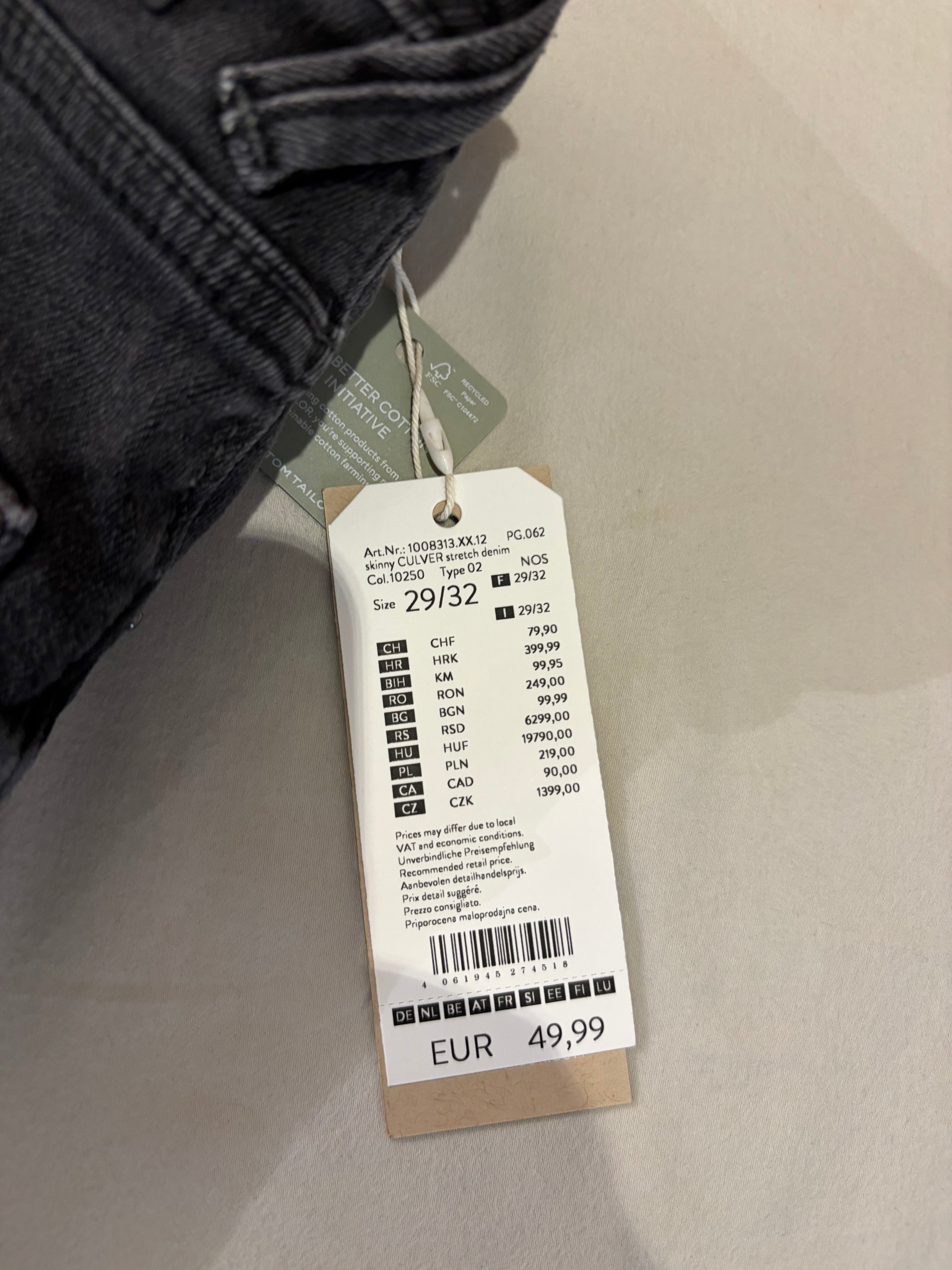 Jean Tom Tailor Denim Culver Skinny Homme Gris Délavé – Neuf avec étiquettes – Taille 29/32