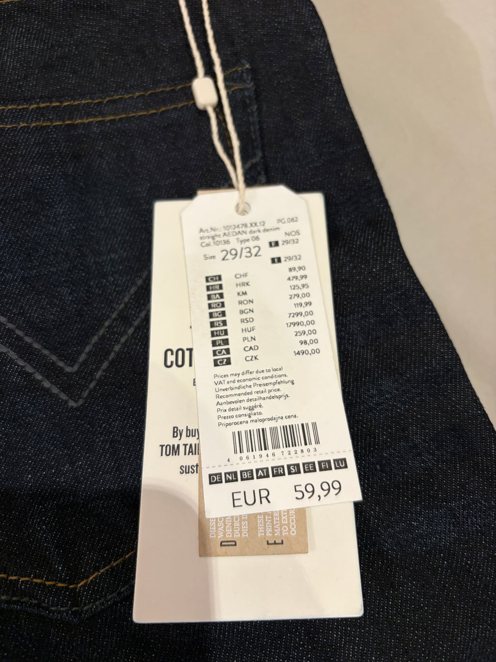 Jean Tom Tailor Denim Aedan Straight Homme Bleu Brut Foncé – Neuf avec étiquettes – Taille 29/32
