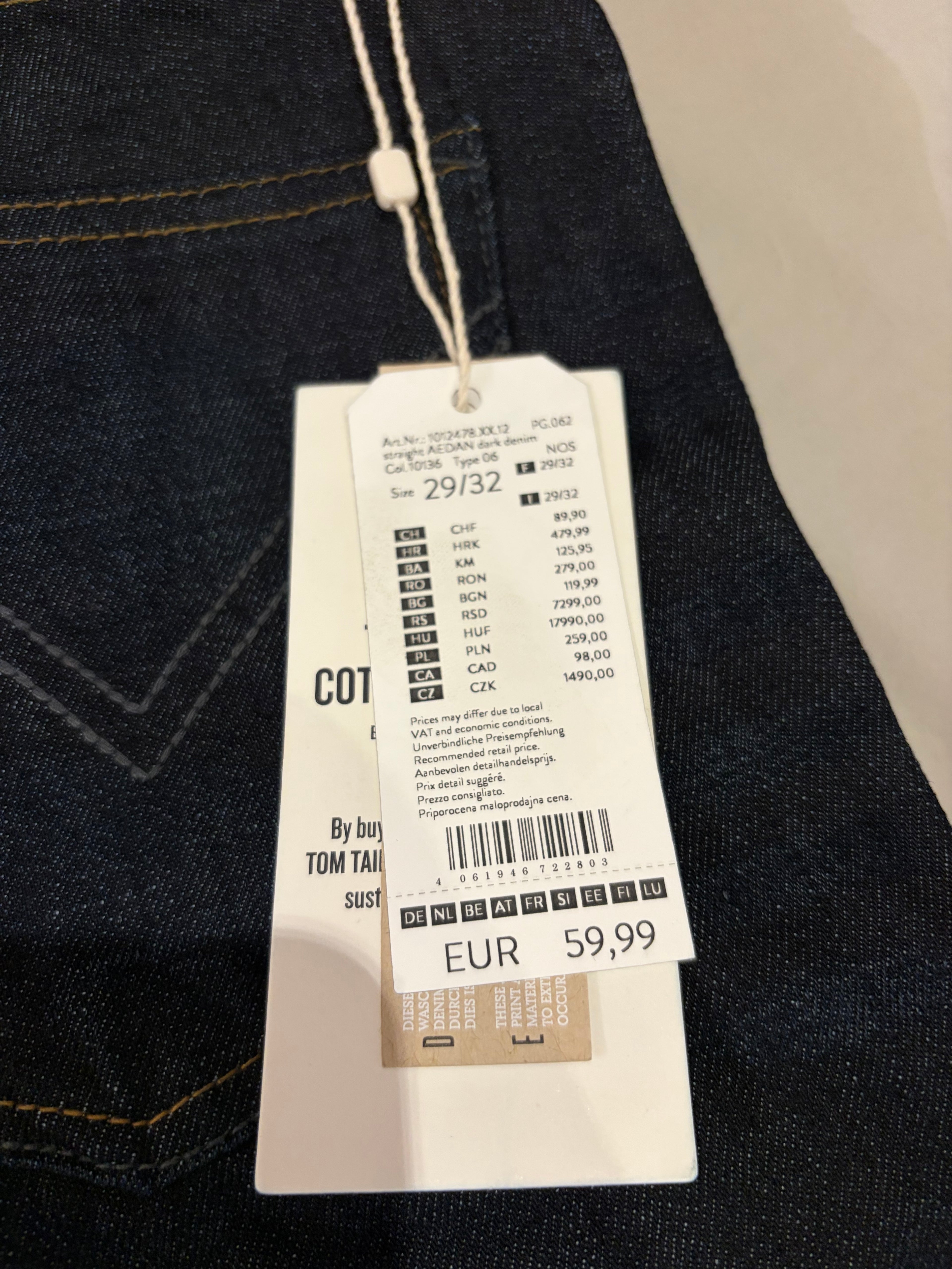 Jean Tom Tailor Denim Aedan Straight Homme Bleu Brut Foncé – Neuf avec étiquettes – Taille 29/32