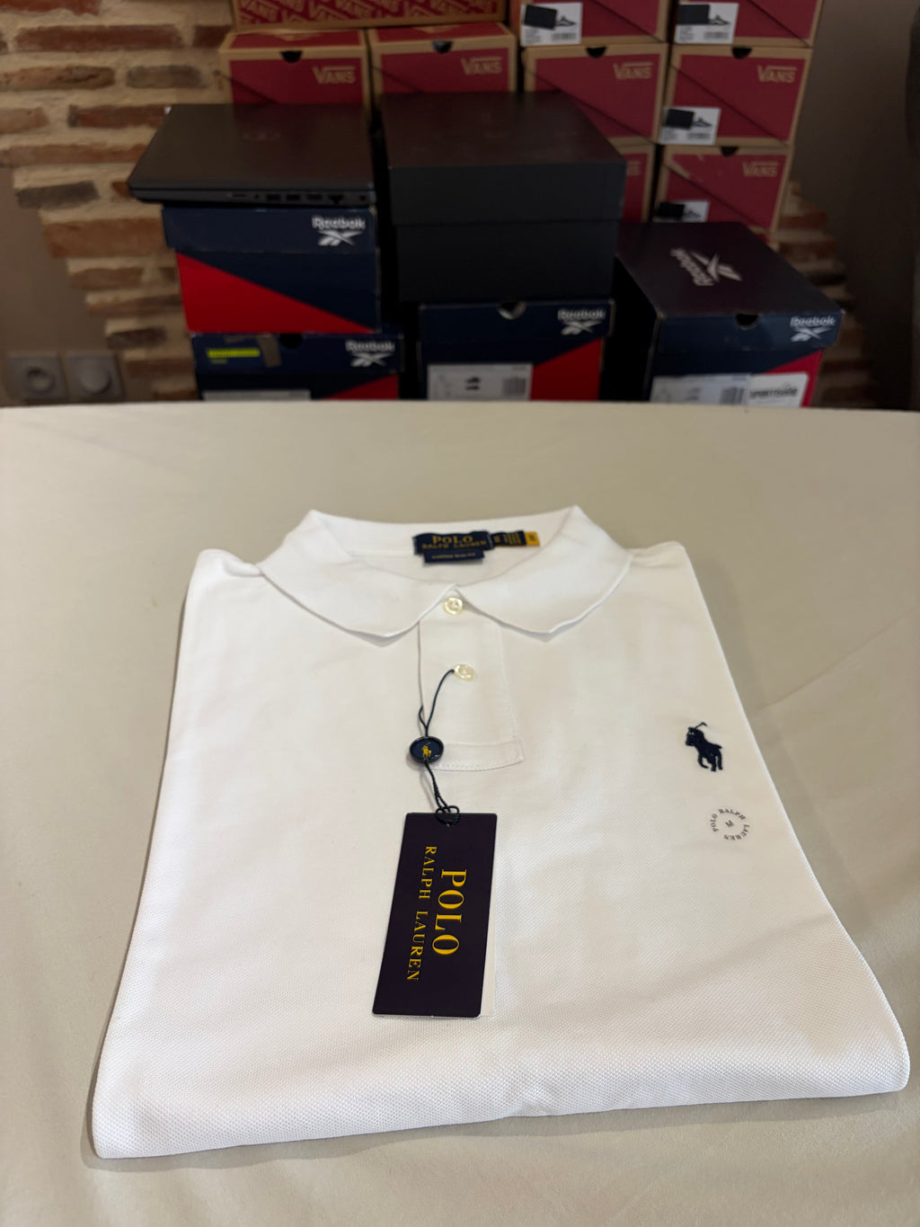 Polo Ralph Lauren Custom Slim Fit Homme Blanc Logo Bleu Marine – Taille M – Neuf avec étiquette