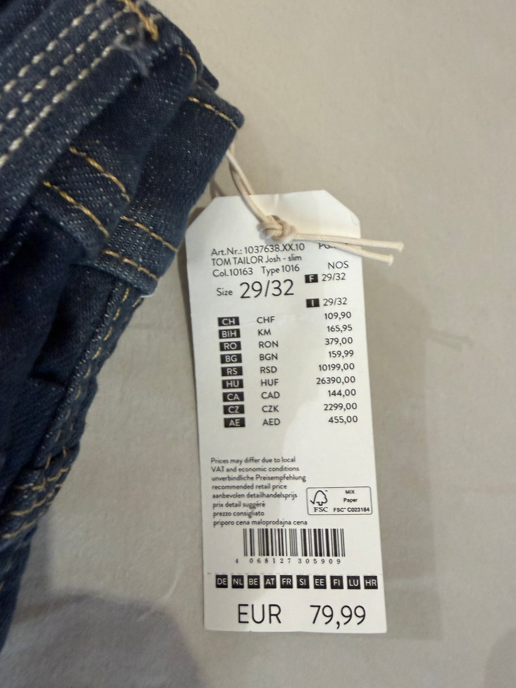 Jean Tom Tailor Josh Regular Slim SuperFlex Denim Homme Bleu – Neuf avec étiquettes – Taille 29/32