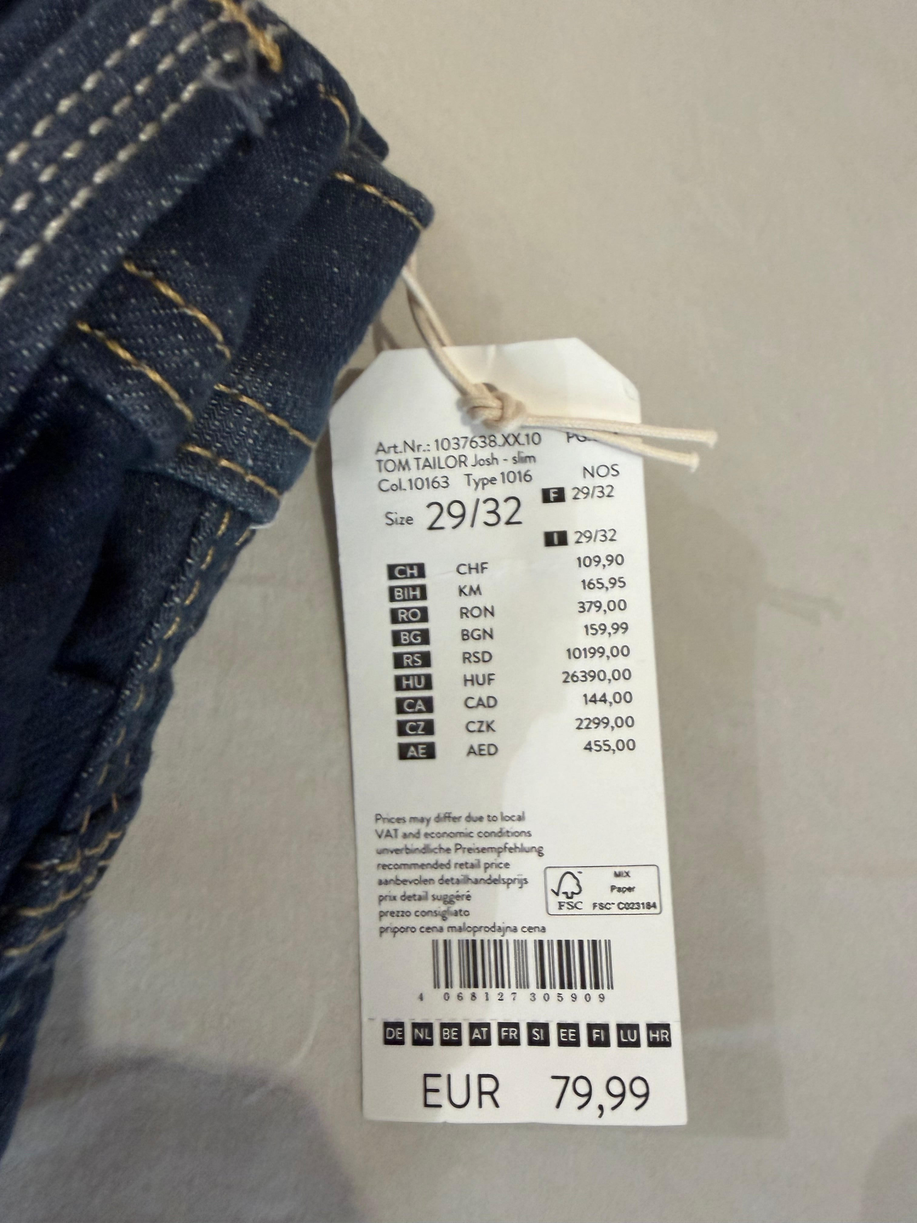 Jean Tom Tailor Josh Regular Slim SuperFlex Denim Homme Bleu – Neuf avec étiquettes – Taille 29/32