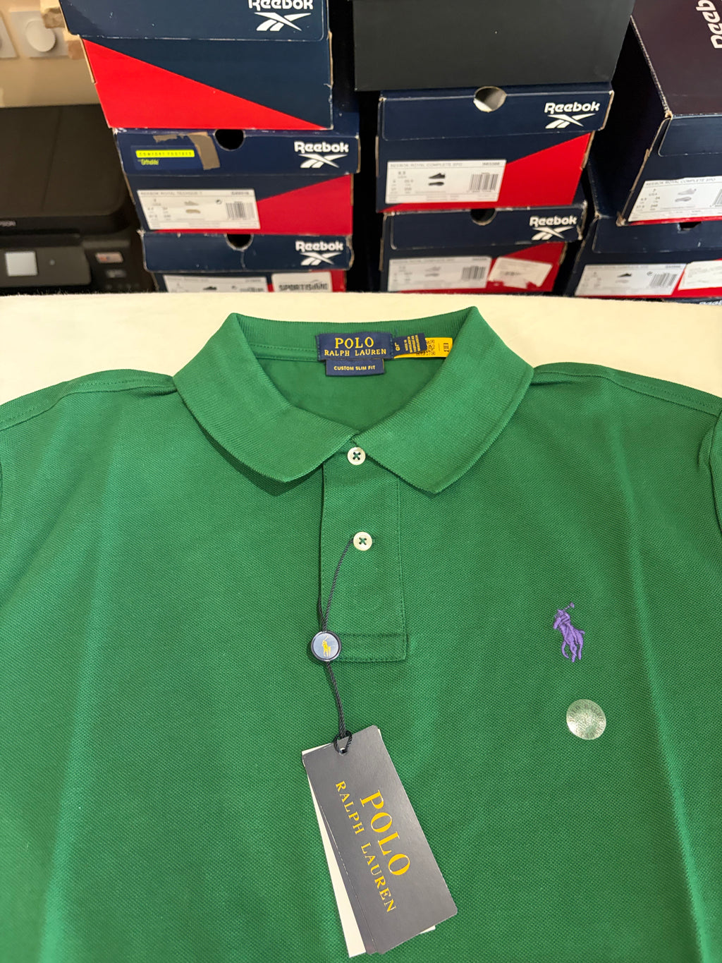 Polo Ralph Lauren Custom Slim Fit Homme Vert Logo Violet – Taille L – Neuf avec étiquette
