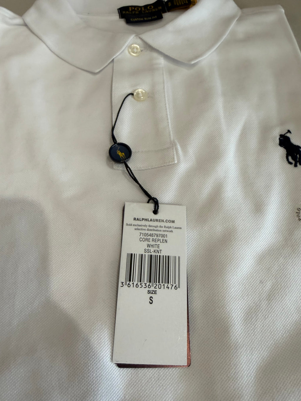 Polo Ralph Lauren Custom Slim Fit Blanc Logo Bleu Marine Homme Taille S – Neuf avec étiquette