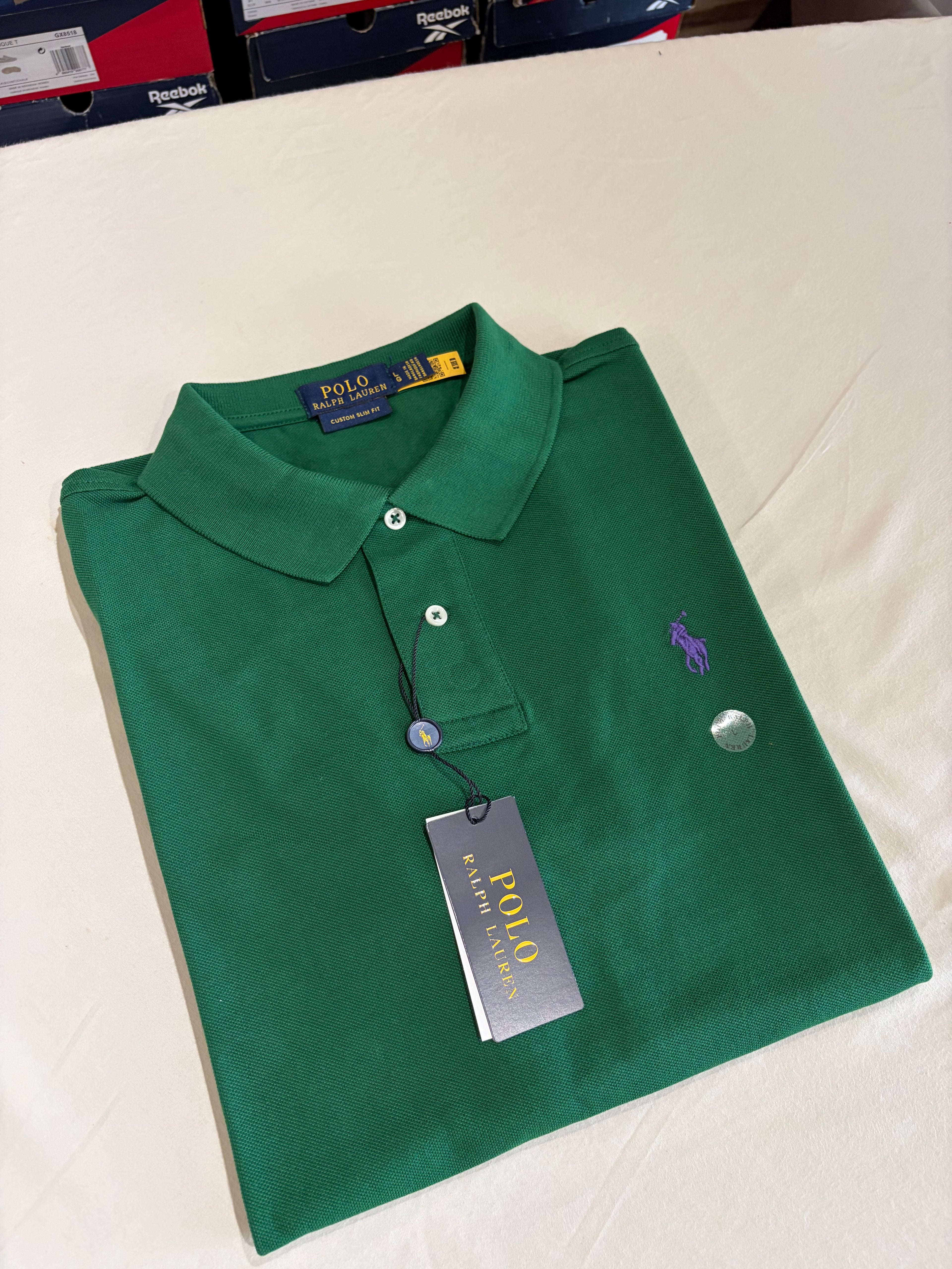 Polo Ralph Lauren Custom Slim Fit Homme Vert Logo Violet – Taille L – Neuf avec étiquette