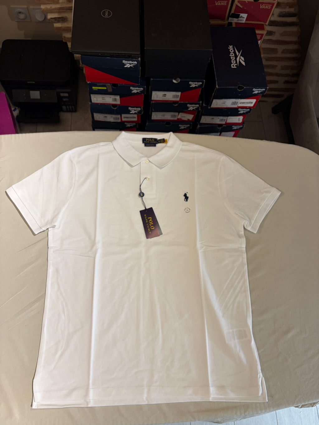 Polo Ralph Lauren Custom Slim Fit Homme Blanc Logo Bleu Marine – Taille XL – Neuf avec étiquette