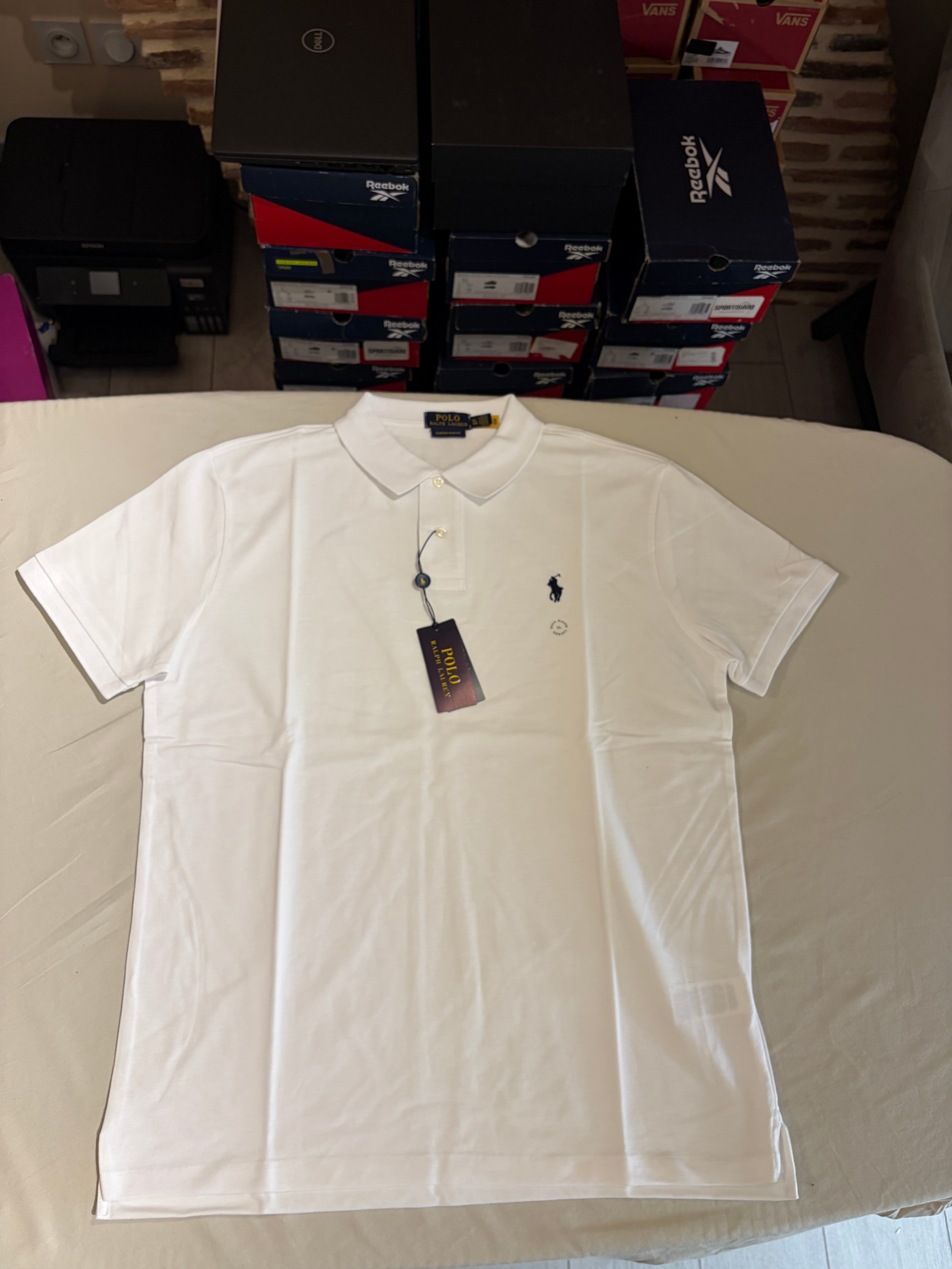 Polo Ralph Lauren Custom Slim Fit Homme Blanc Logo Bleu Marine – Taille XL – Neuf avec étiquette