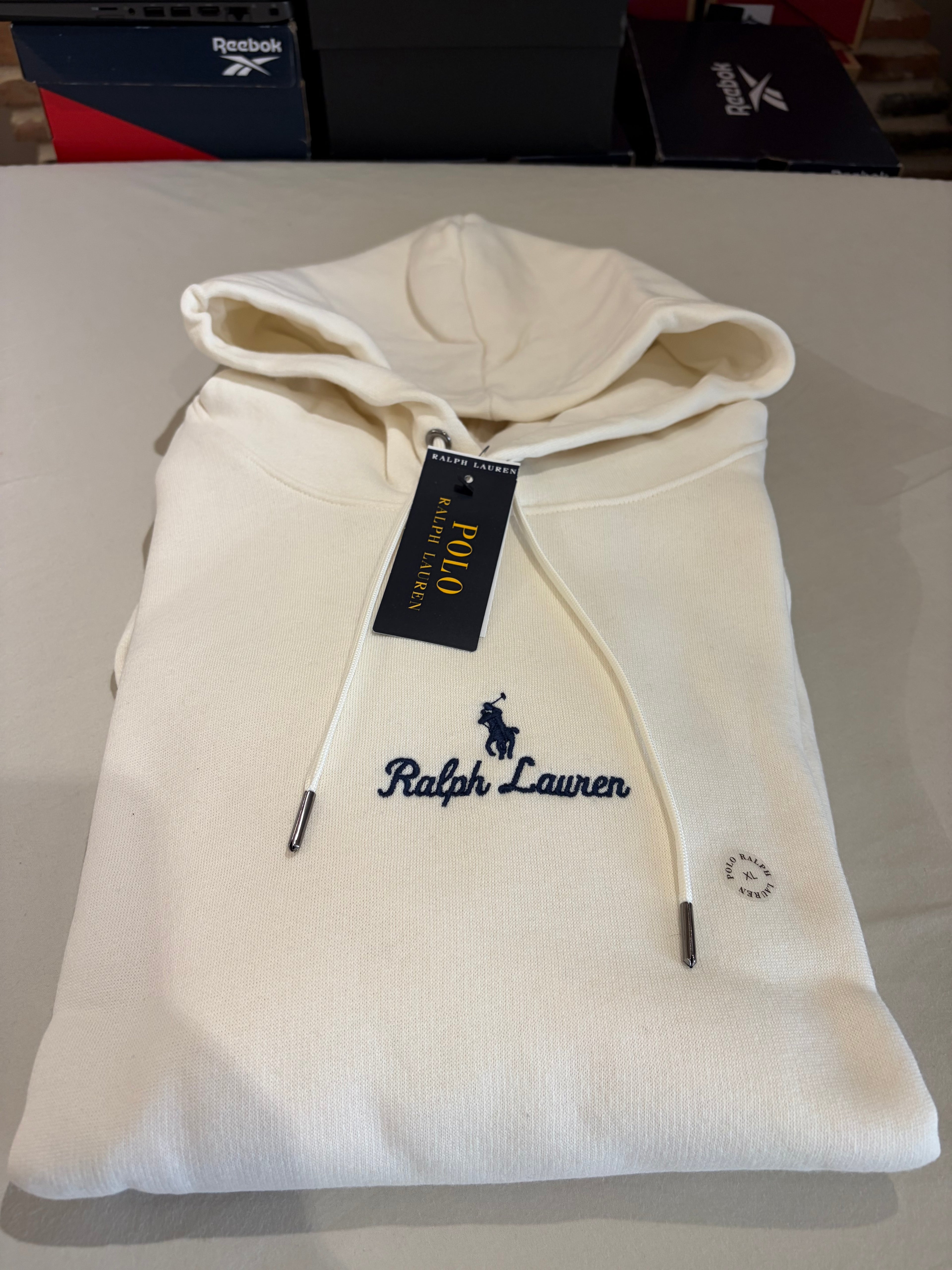 Sweat à capuche Polo Ralph Lauren blanc cassé brodé – Homme – Taille XL
