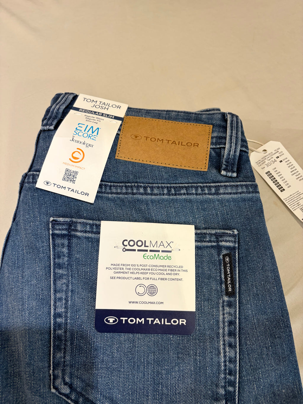 Jean Tom Tailor Josh Regular Slim Coolmax EcoMade Homme Bleu – Neuf avec étiquettes – Taille 30/34