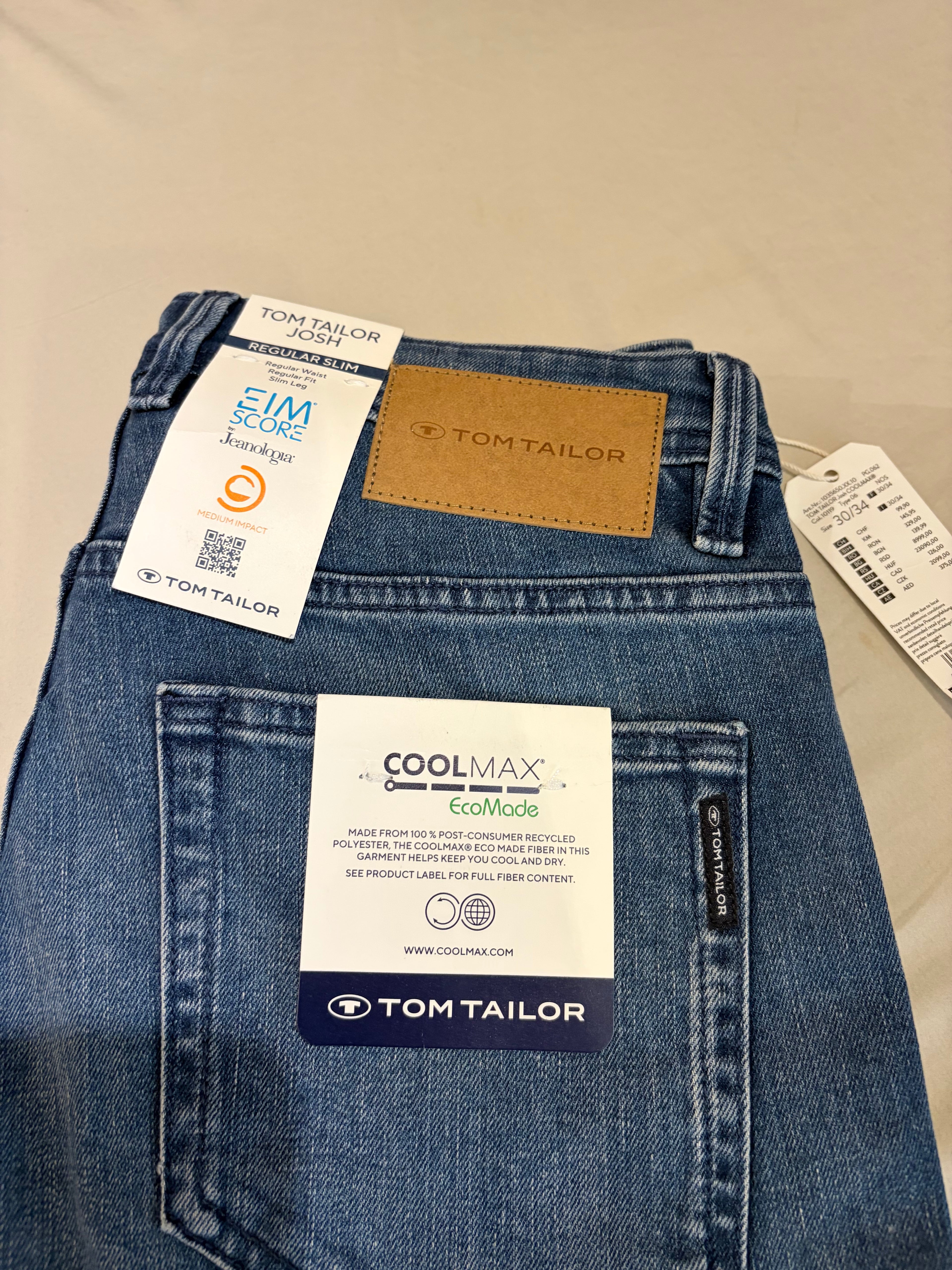 Jean Tom Tailor Josh Regular Slim Coolmax EcoMade Homme Bleu – Neuf avec étiquettes – Taille 30/34
