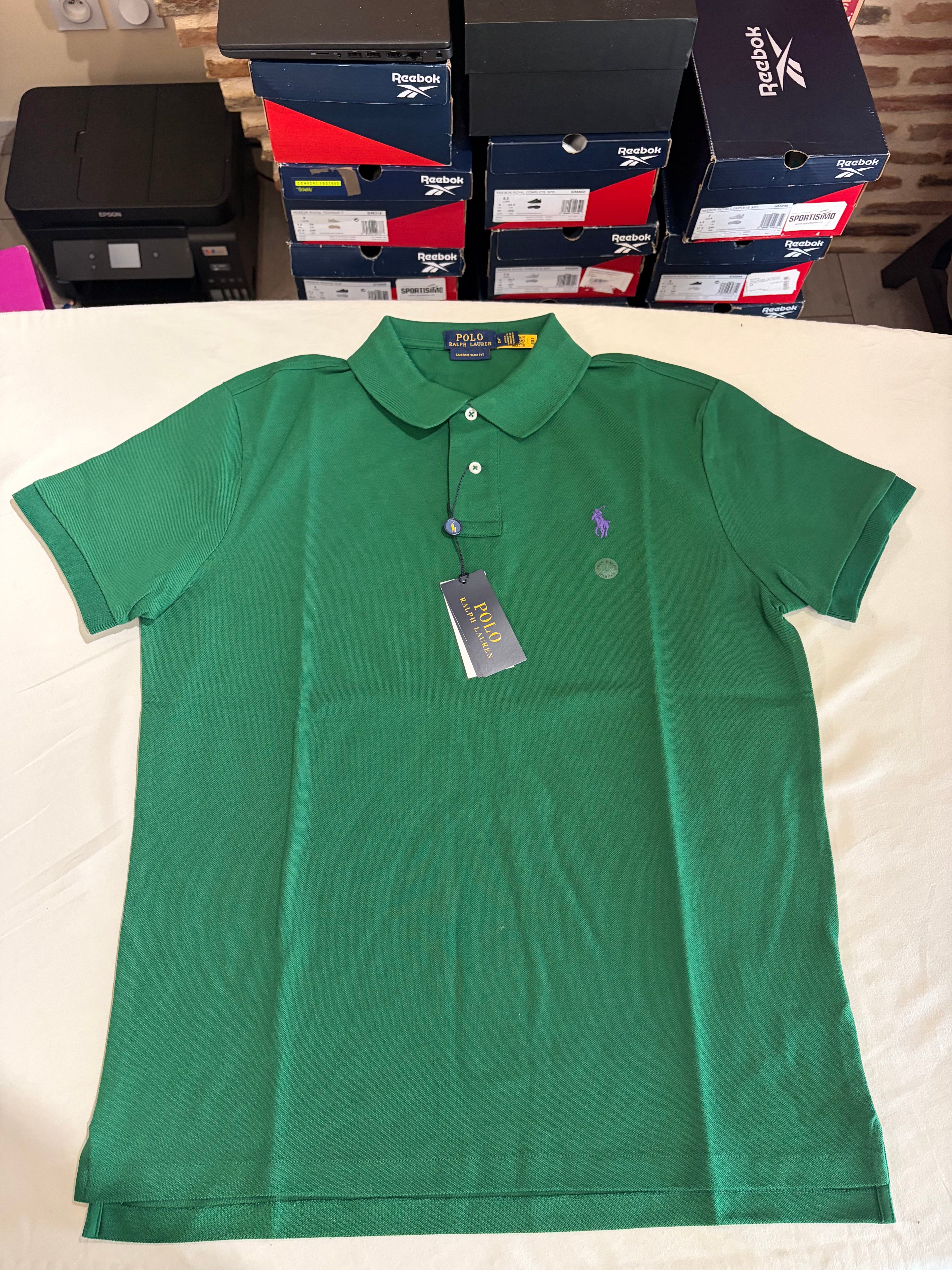 Polo Ralph Lauren Custom Slim Fit Homme Vert Logo Violet – Taille L – Neuf avec étiquette