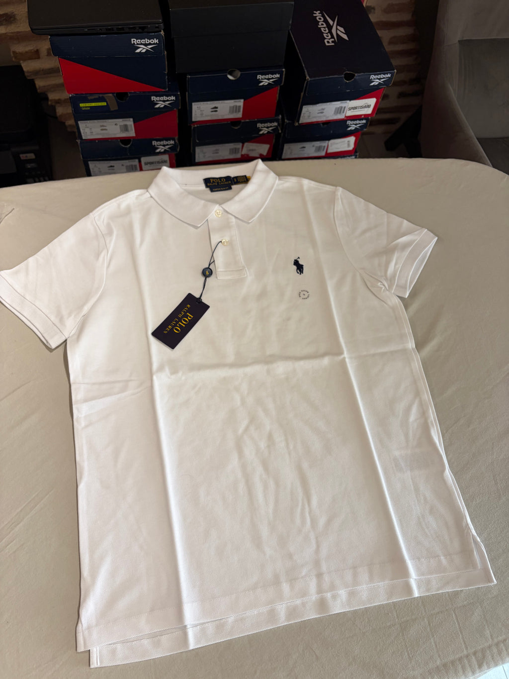 Polo Ralph Lauren Custom Slim Fit Blanc Logo Bleu Marine Homme Taille S – Neuf avec étiquette
