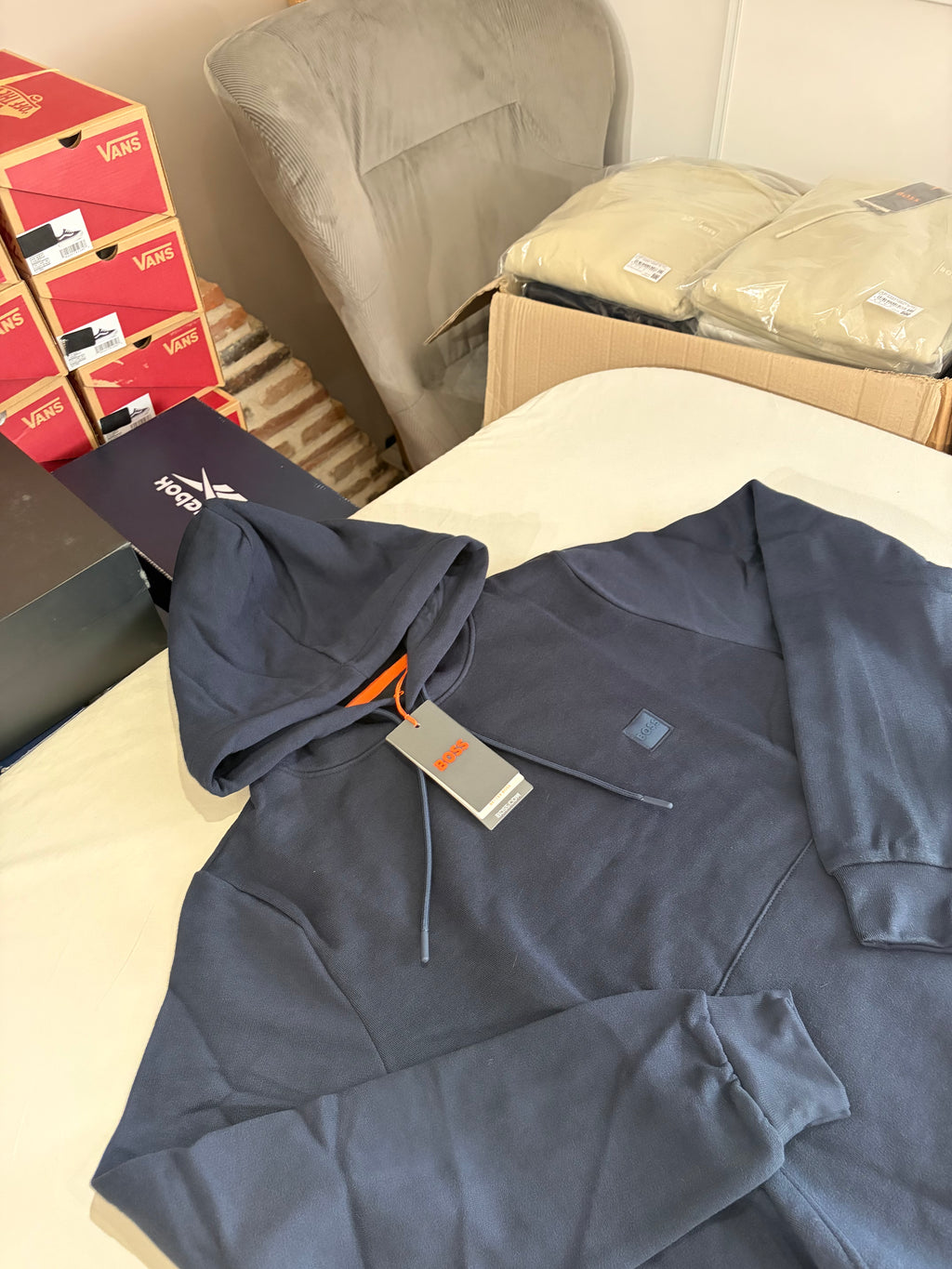 Sweat à capuche BOSS Homme Bleu Marine Dark Blue Taille M - Logo Patch - Neuf