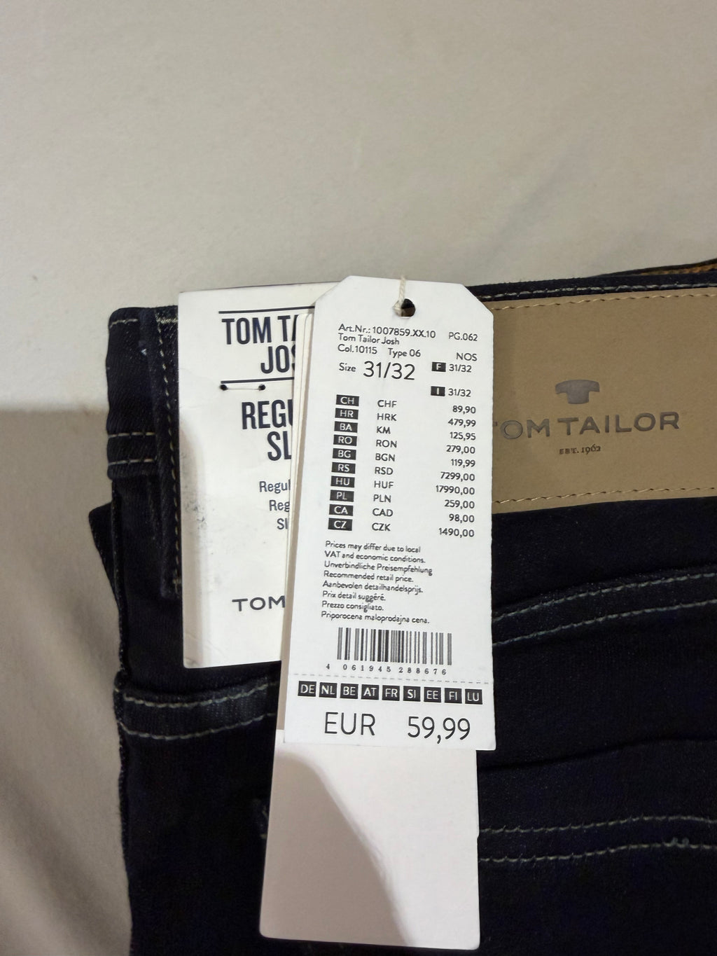 Jean Tom Tailor Josh Regular Slim Homme Bleu Brut – Neuf avec étiquettes – Taille 31/32