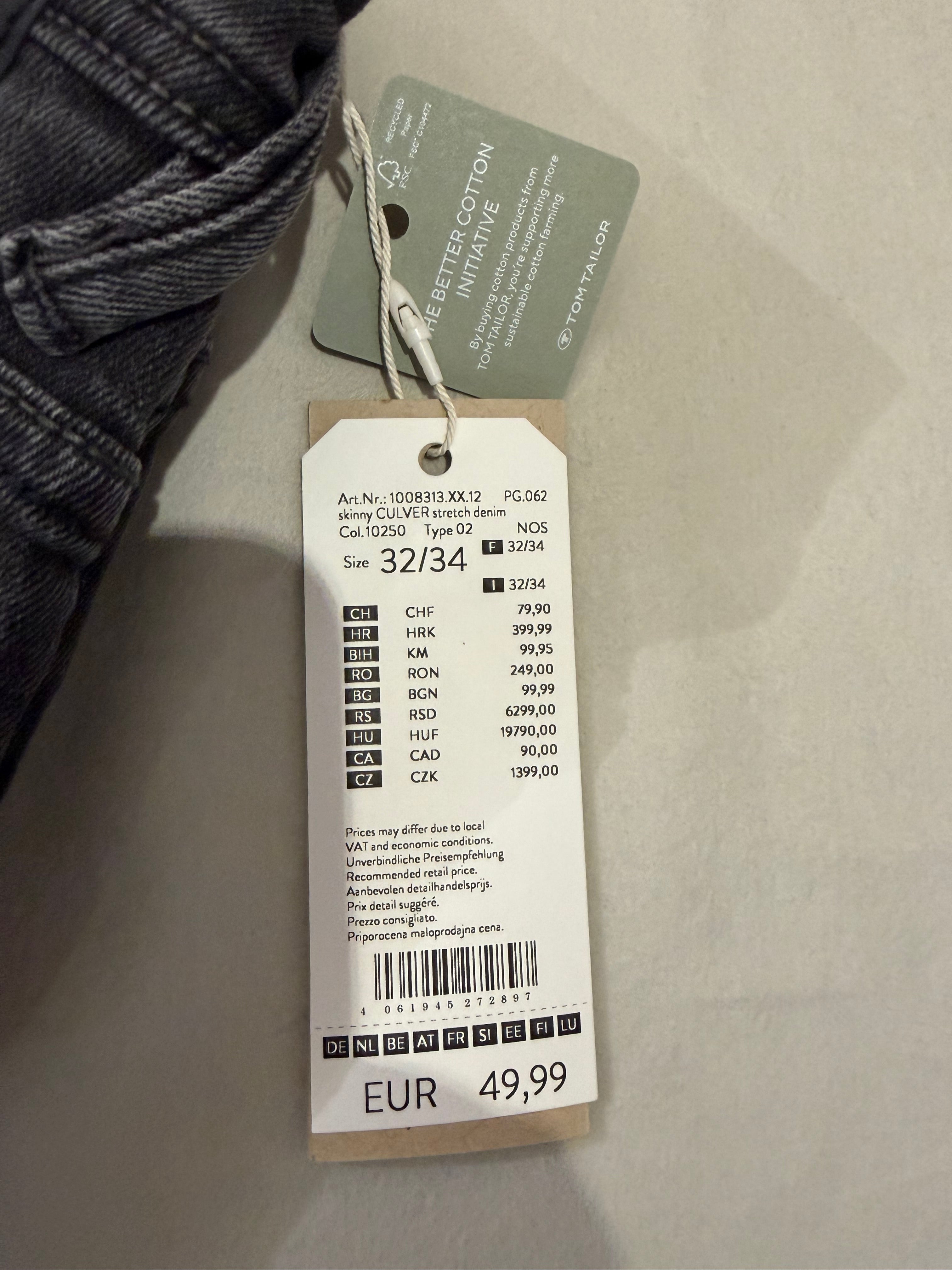 Jean Tom Tailor Denim Culver Skinny Homme Gris Délavé – Neuf avec étiquettes – Taille 32/34