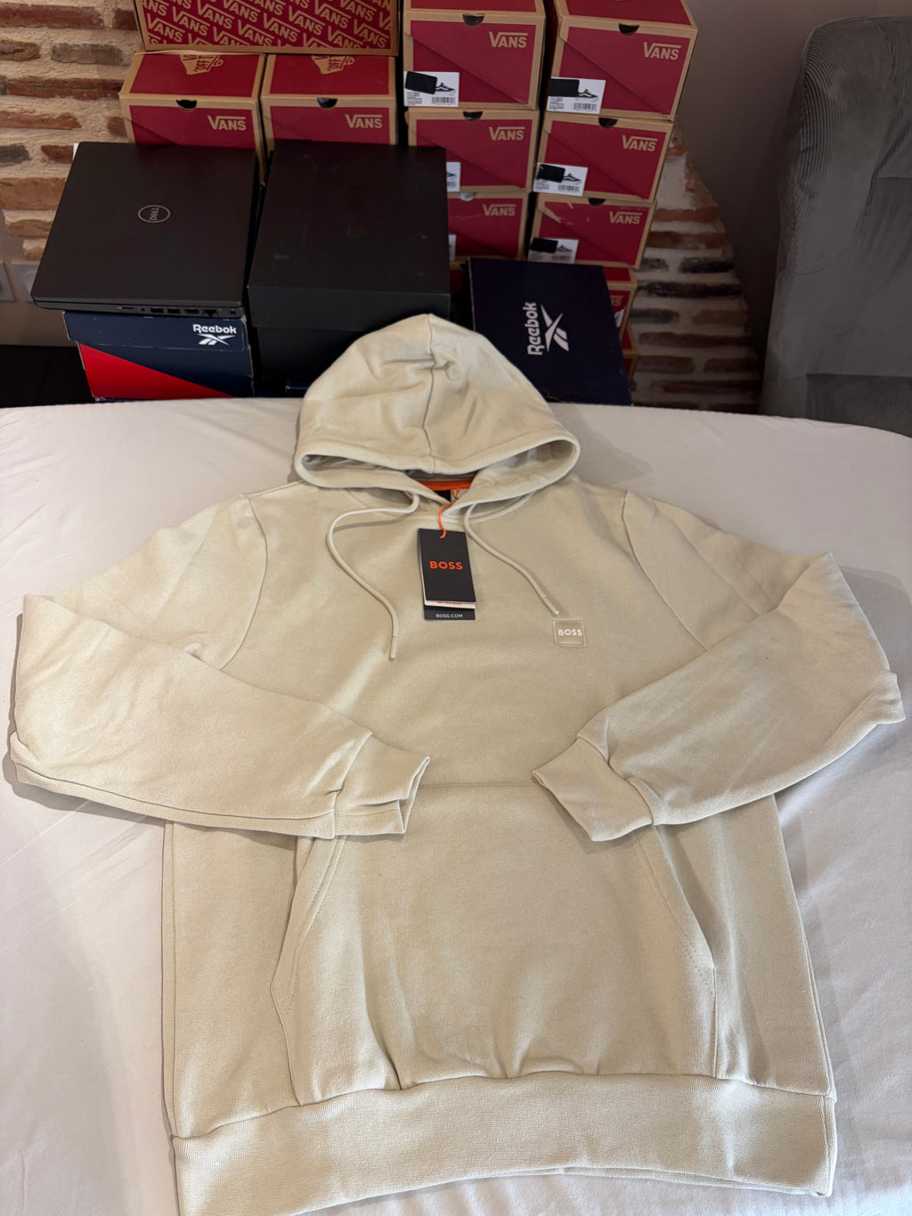 Sweat à capuche BOSS Wetalk Écru Homme M - Logo ton sur ton - Neuf