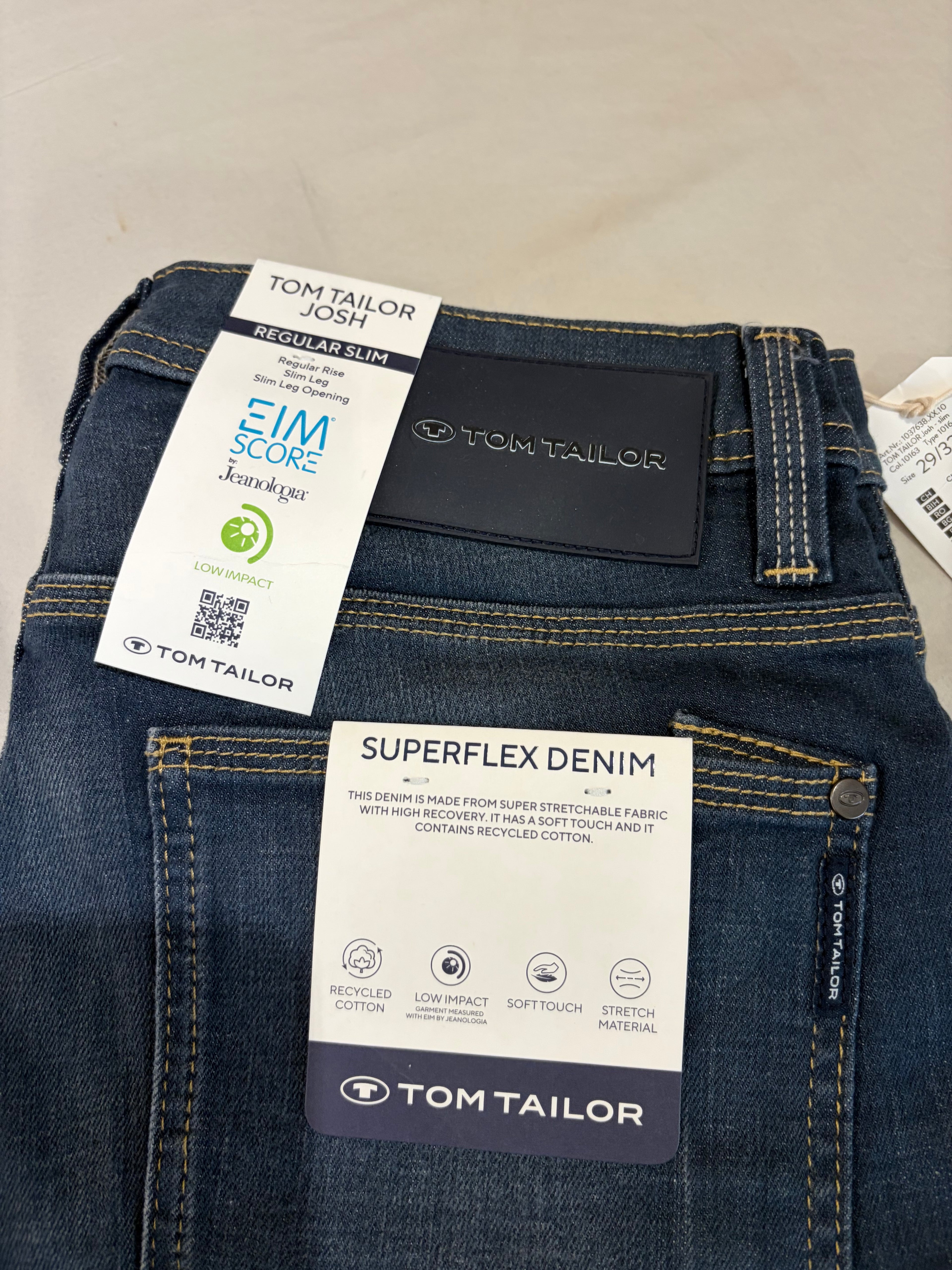 Jean Tom Tailor Josh Regular Slim SuperFlex Denim Homme Bleu – Neuf avec étiquettes – Taille 29/32