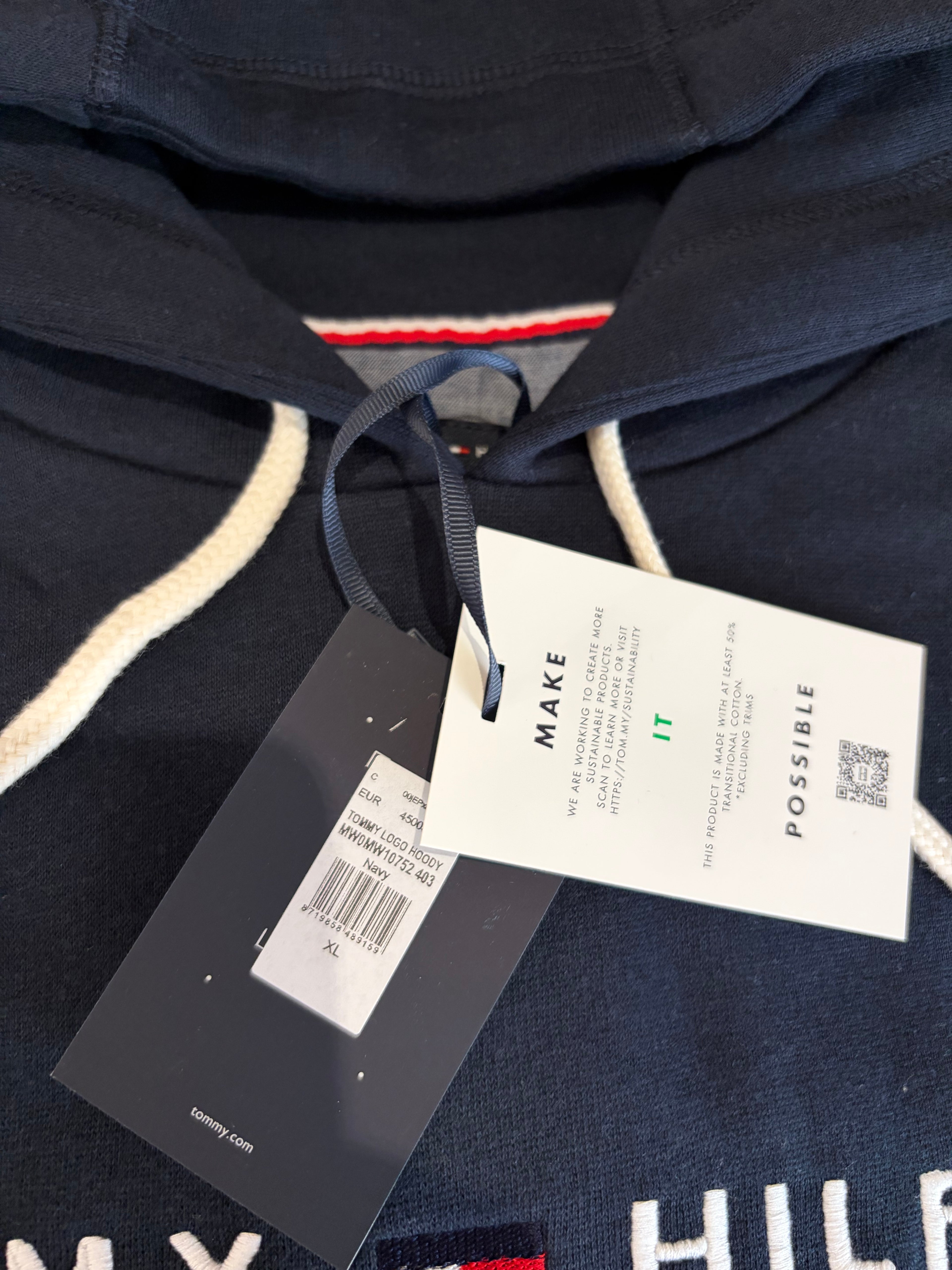 Sweat à Capuche Tommy Hilfiger Homme Bleu Marine – Logo Brodé EST. 1985 – Taille XL – Neuf