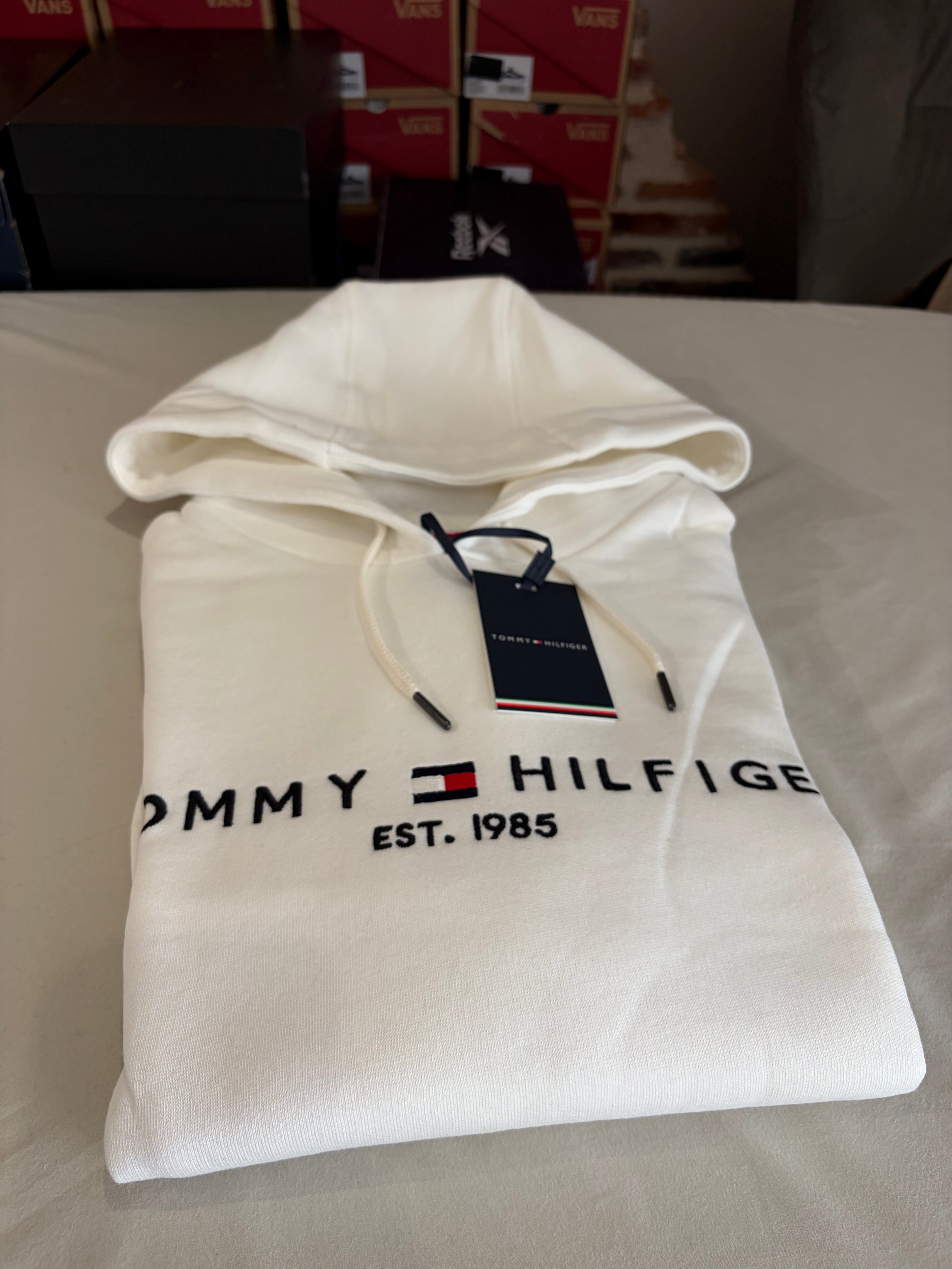 Sweat à capuche Tommy Hilfiger Homme Blanc Cassé Taille XL - Tommy Logo Hoody - Logo Brodé EST. 1985 - Neuf