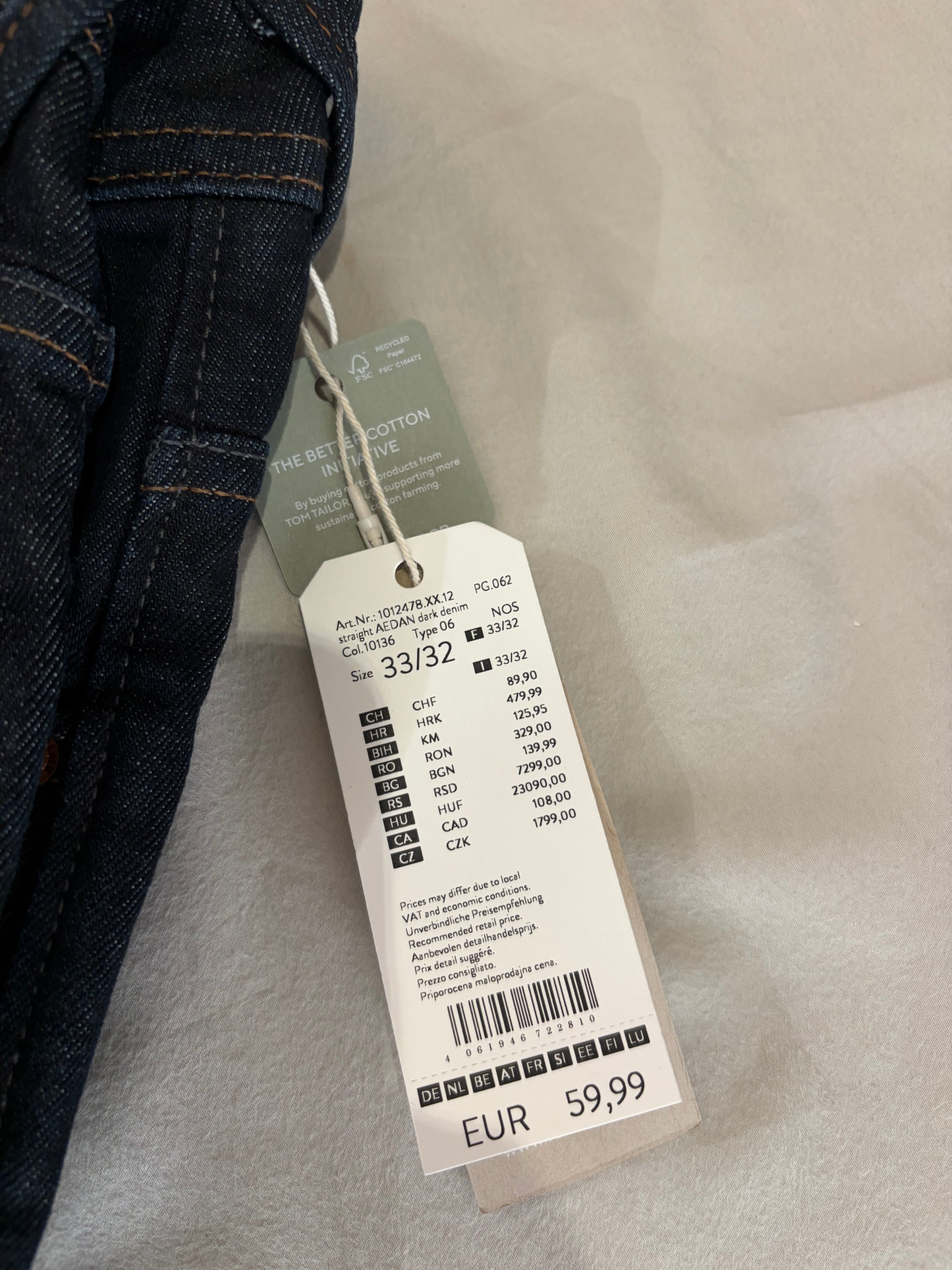 Tom Tailor Denim AEDAN Jean Homme Straight Dark Denim 33/32 Neuf avec Étiquettes