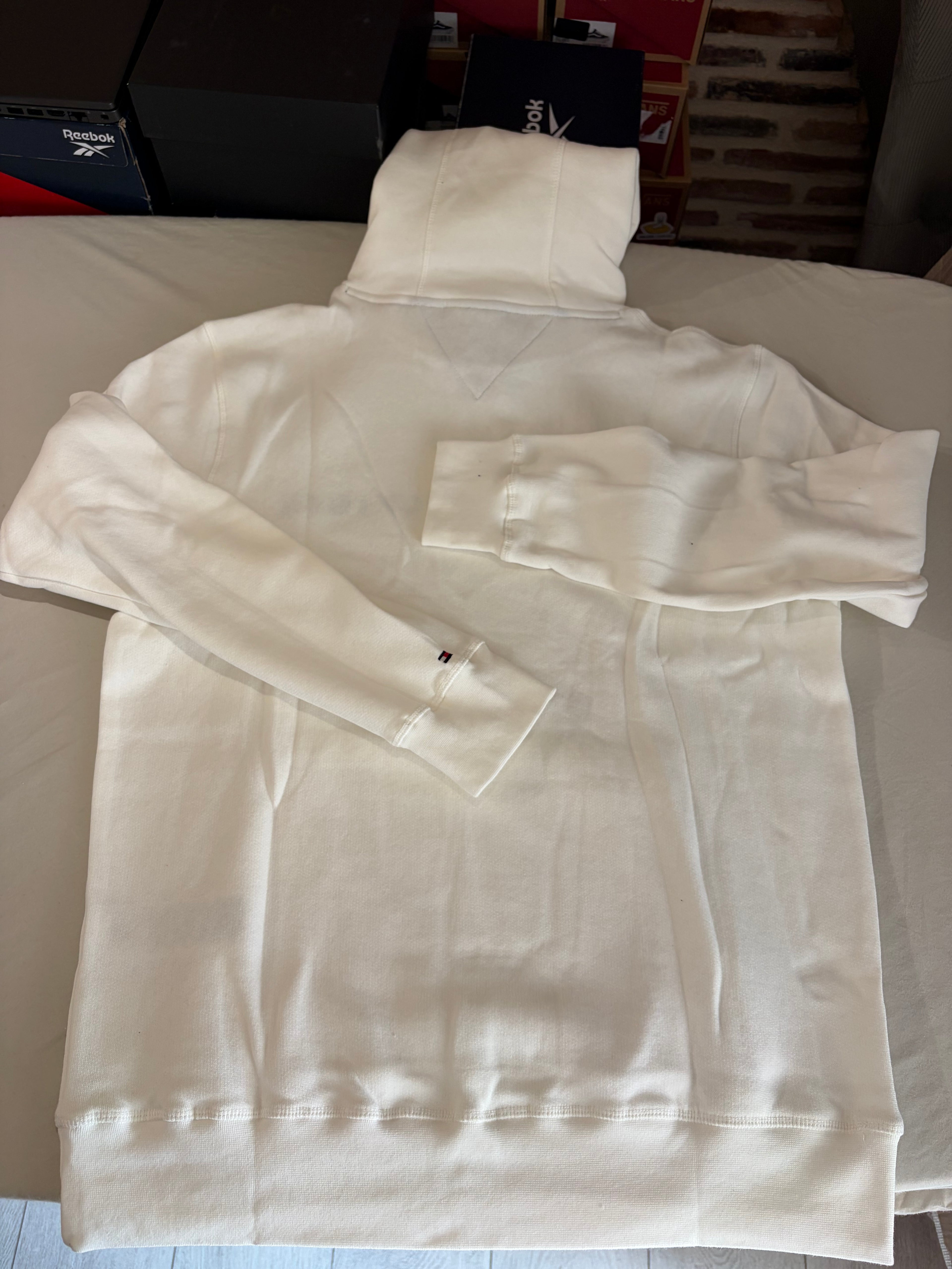 Sweat à capuche Tommy Hilfiger Homme Blanc Cassé Taille XL - Tommy Logo Hoody - Logo Brodé EST. 1985 - Neuf