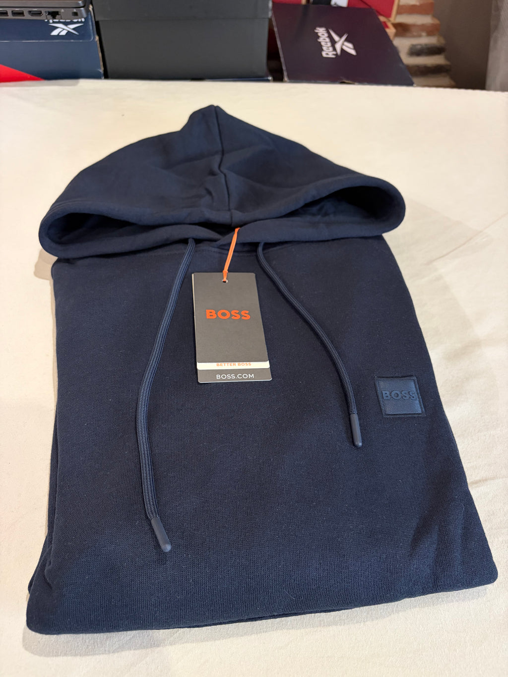 Sweat à Capuche BOSS Homme Wetalk Bleu Marine – Logo Patch – Taille S – Neuf