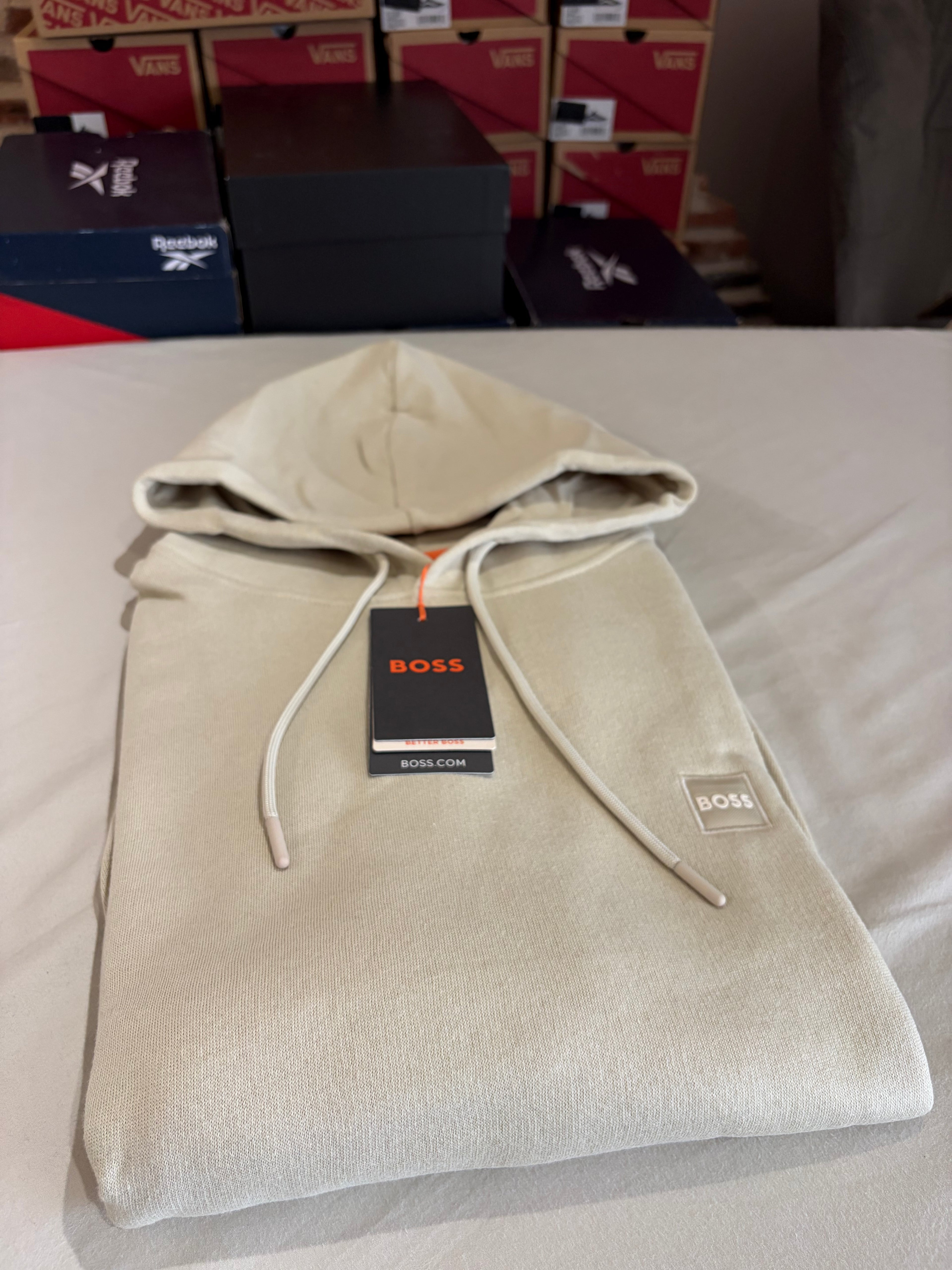 BOSS Sweat à capuche homme beige clair logo patch – Taille XL – Neuf avec étiquette