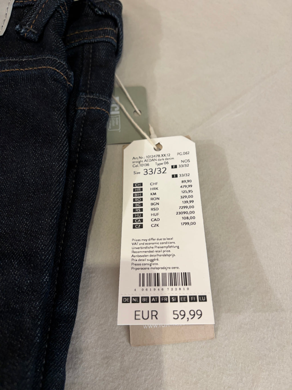 Tom Tailor Denim AEDAN Jean Homme Straight Dark Denim 33/32 Neuf avec Étiquettes