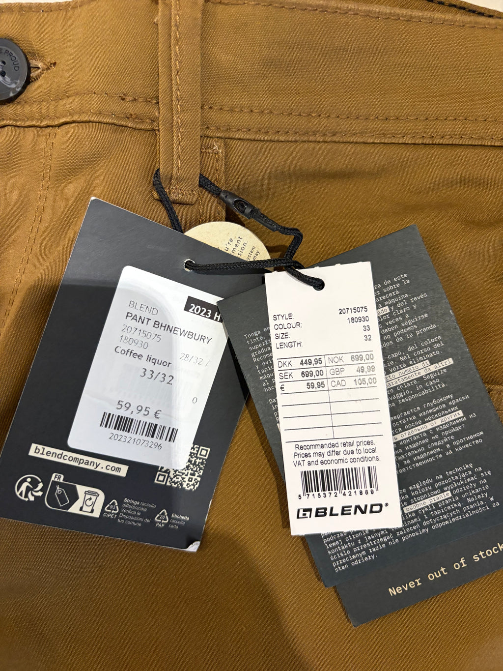 Pantalon Chino Blend Marron Coffee Liqueur Homme 33/32 Neuf avec Étiquette