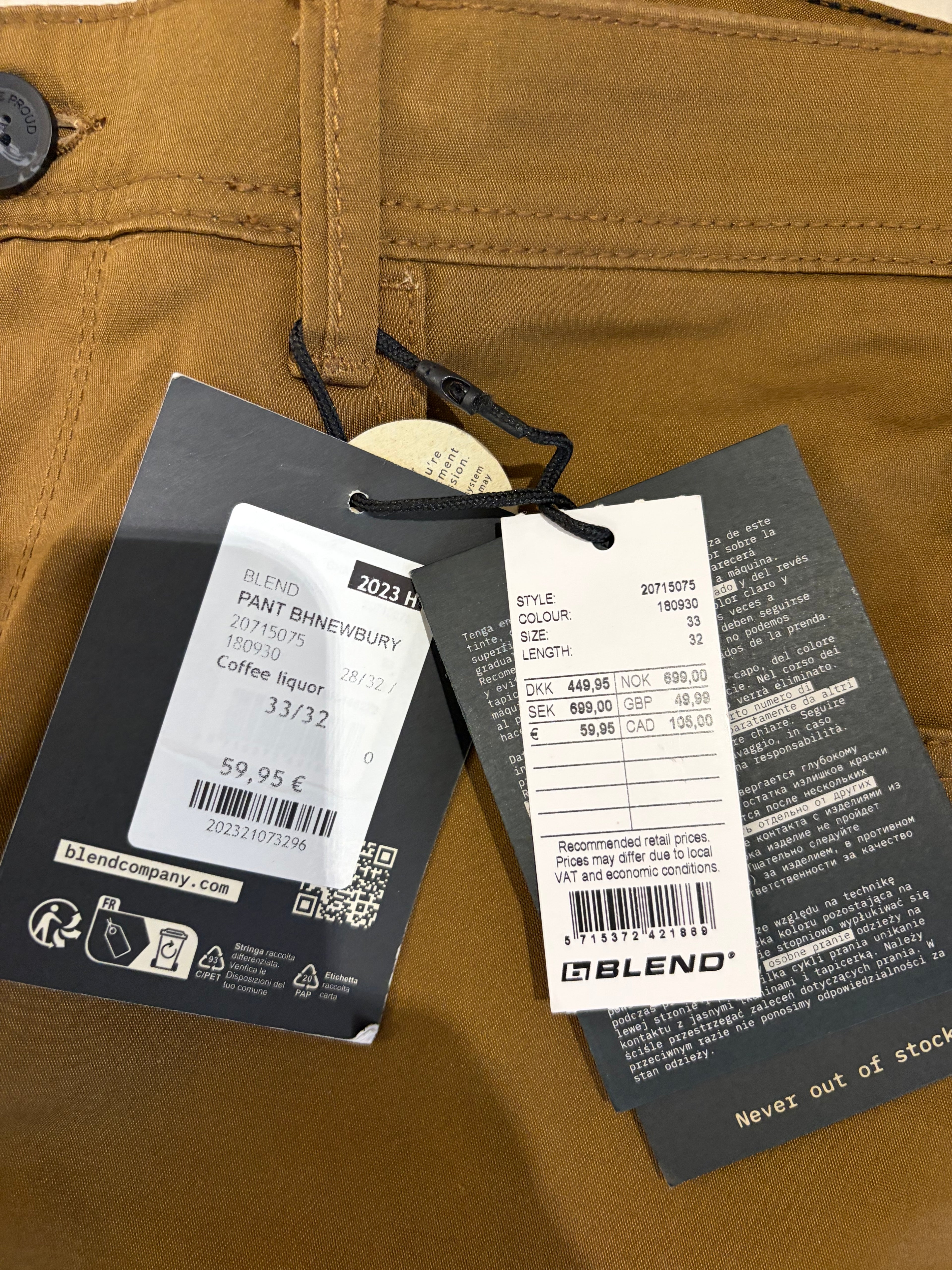 Pantalon Chino Blend Marron Coffee Liqueur Homme 33/32 Neuf avec Étiquette