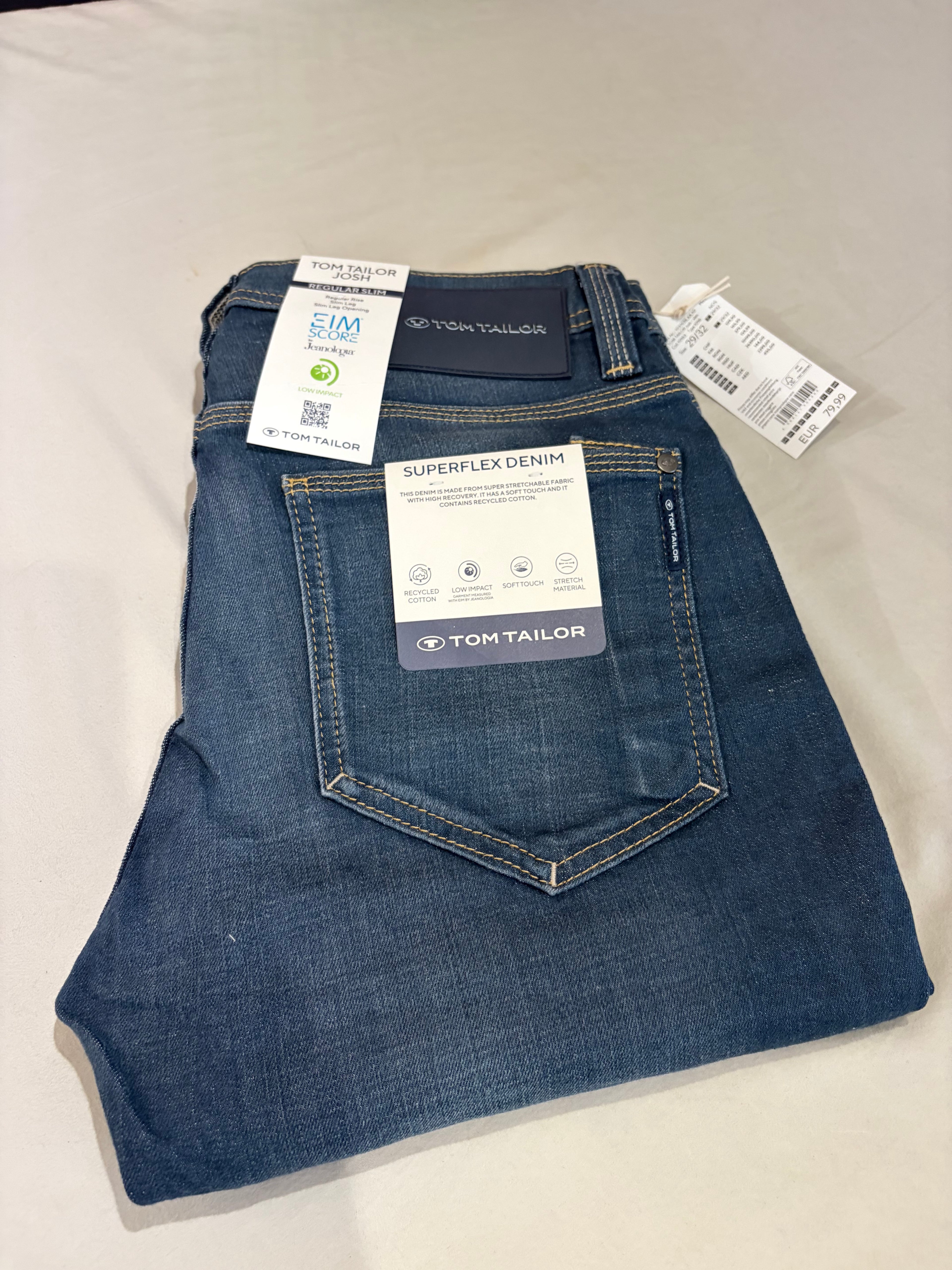 Jean Tom Tailor Josh Regular Slim SuperFlex Denim Homme Bleu – Neuf avec étiquettes – Taille 29/32