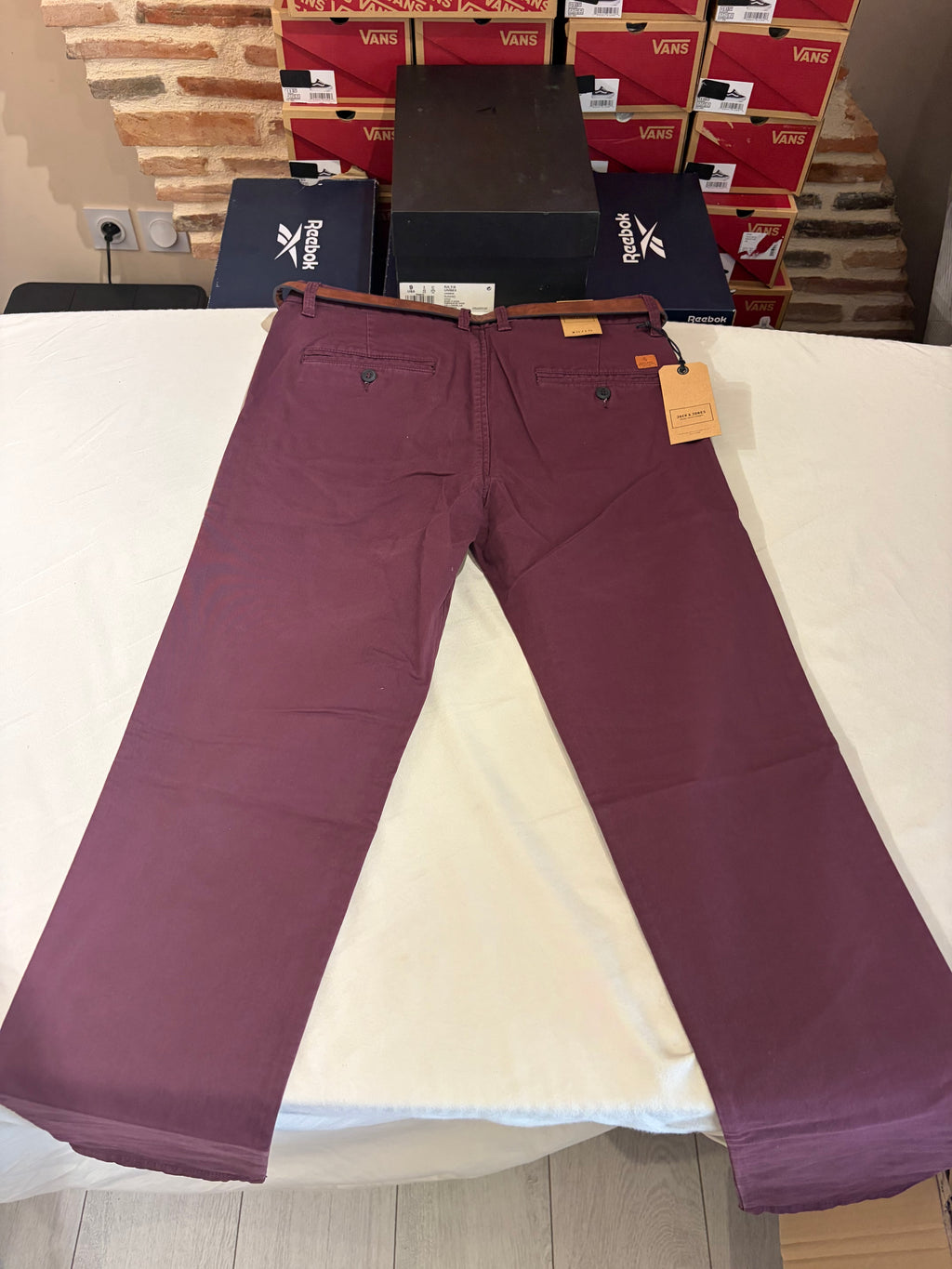 Pantalon Chino Jack & Jones JJICODY JJSPENCER Bordeaux W31 L34 Neuf avec Ceinture