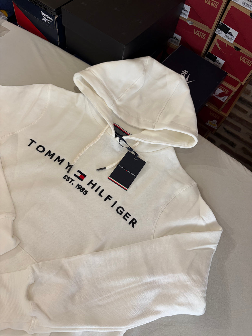 Sweat à capuche Tommy Hilfiger Homme Blanc Cassé  Taille L - Tommy Logo Hoody - Logo Brodé EST. 1985 - Neuf