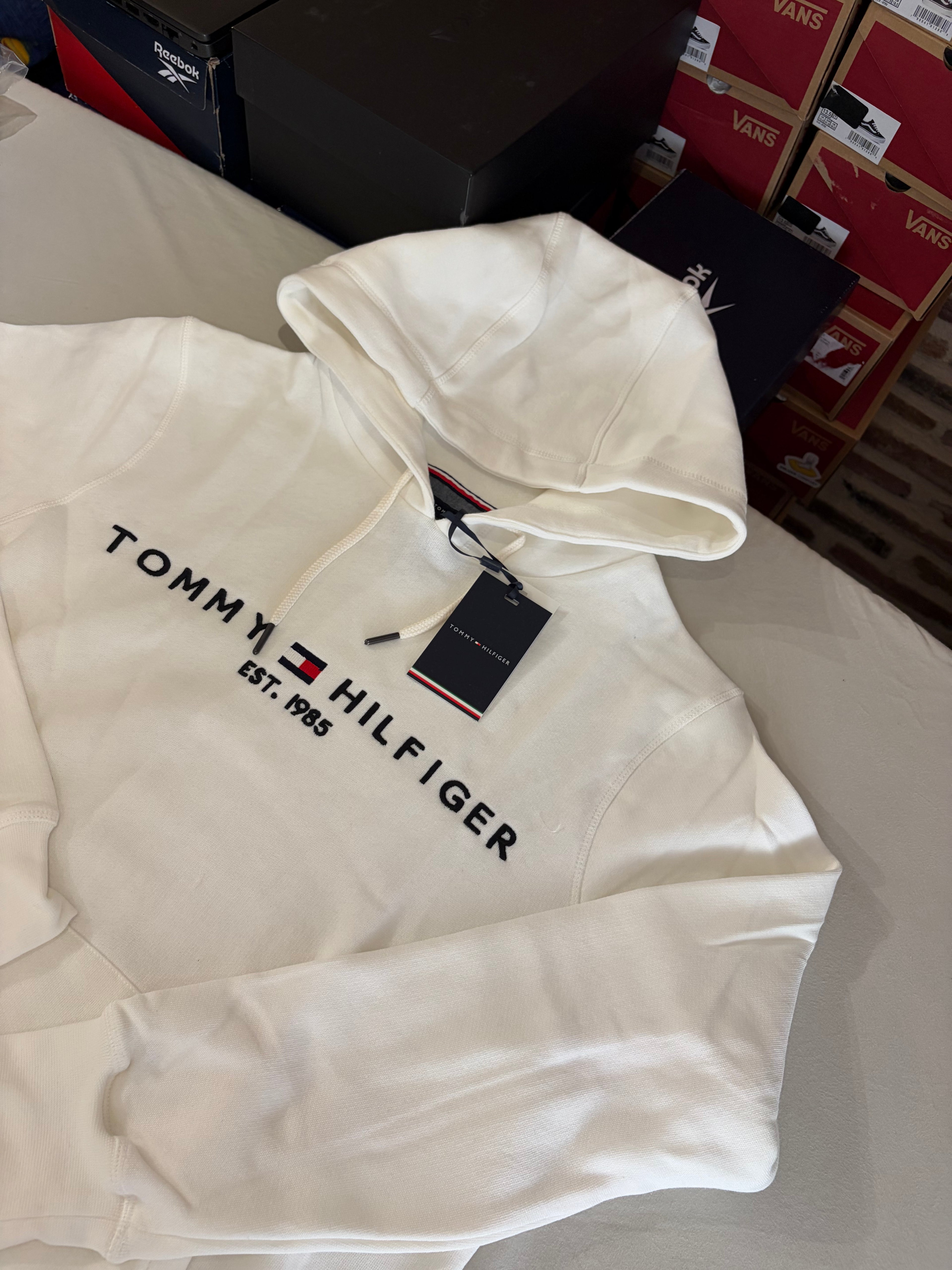 Sweat à capuche Tommy Hilfiger Homme Blanc Cassé  Taille L - Tommy Logo Hoody - Logo Brodé EST. 1985 - Neuf