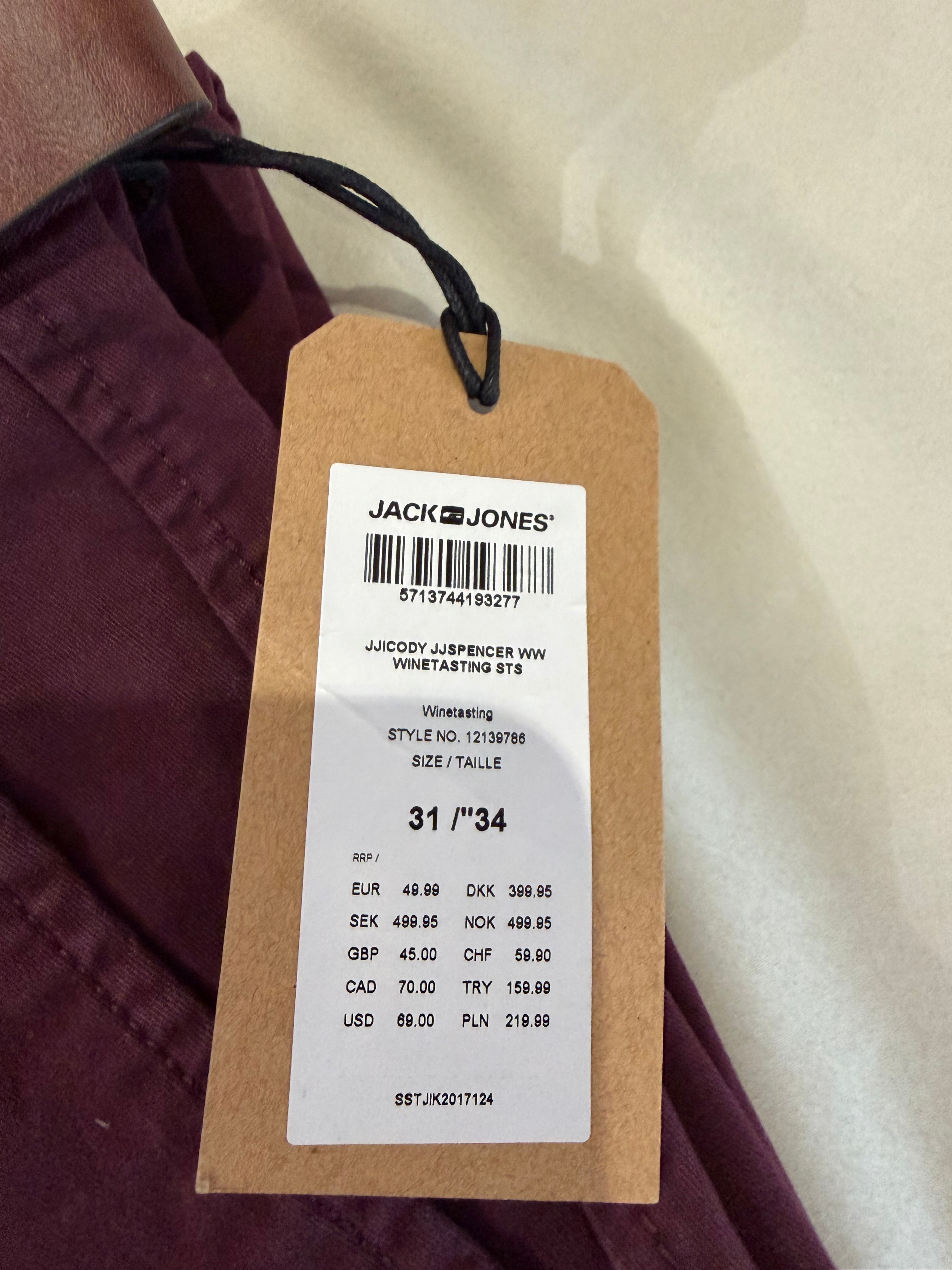 Pantalon Chino Jack & Jones JJICODY JJSPENCER Bordeaux W31 L34 Neuf avec Ceinture
