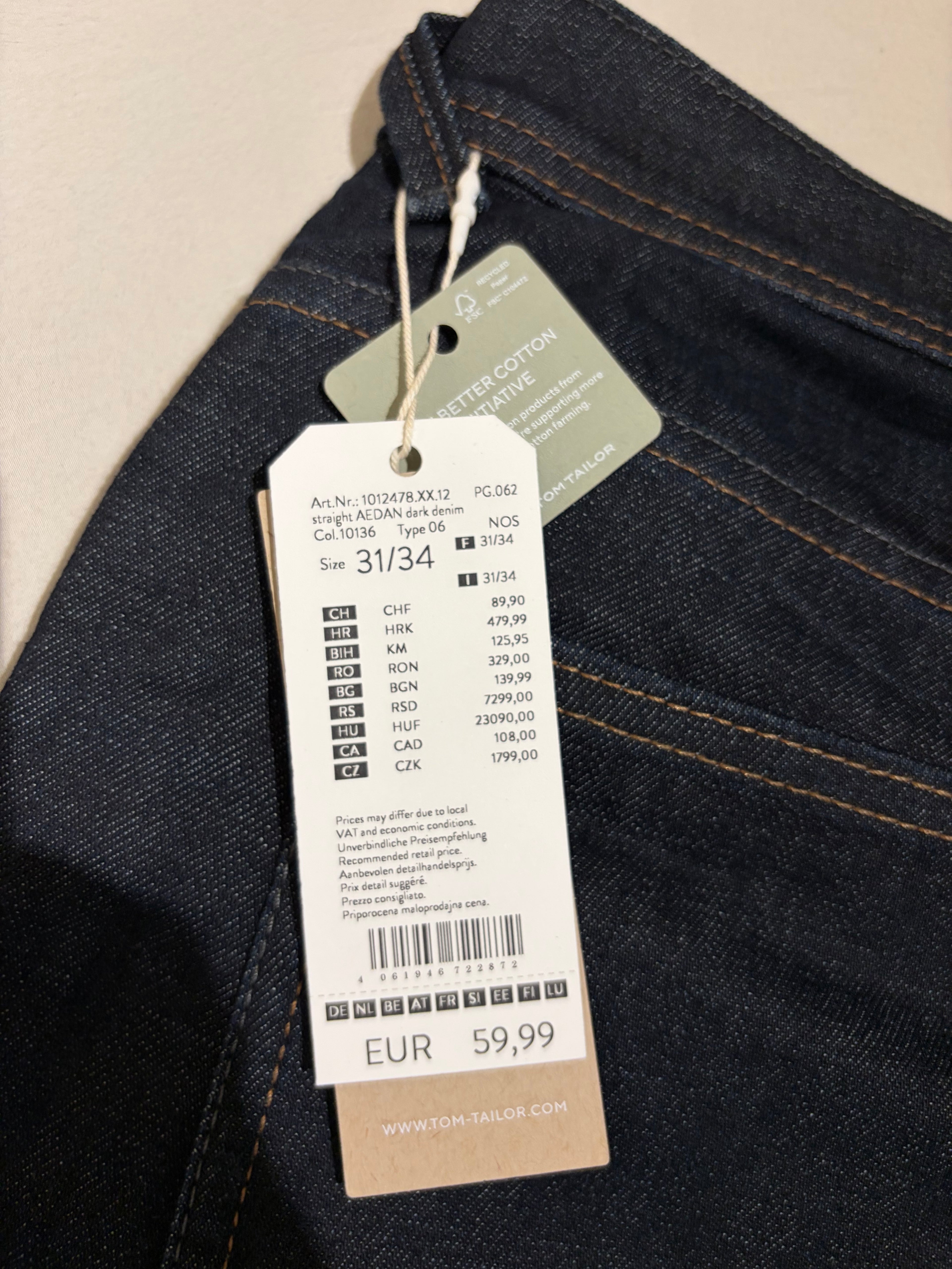 Jean Tom Tailor Denim Aedan Straight Homme Bleu Brut Foncé – Neuf avec étiquettes – Taille 31/34